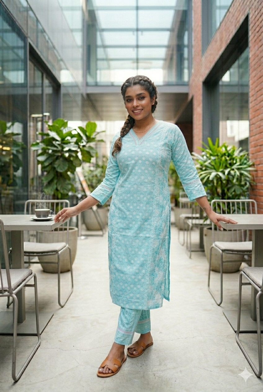 Aqua Blue Mix & Match Floral Print Kurta With Pant