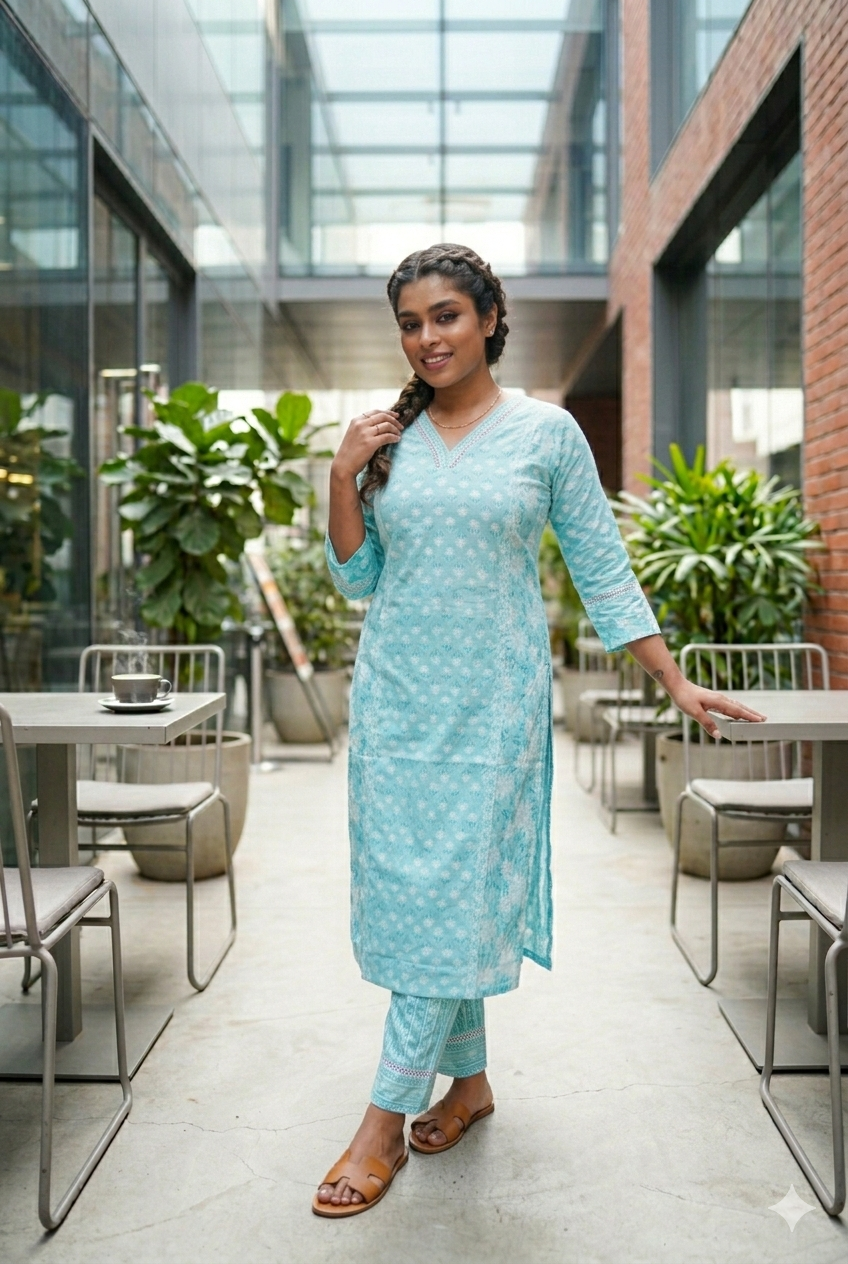 Aqua Blue Mix & Match Floral Print Kurta With Pant