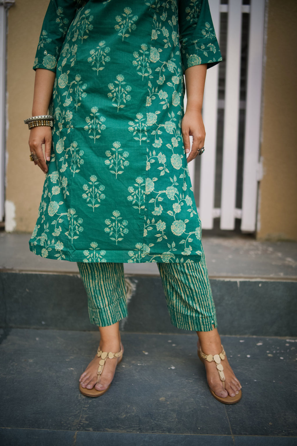 Dark Green Mix & Match Floral Print Embroidered Kurta With Pant