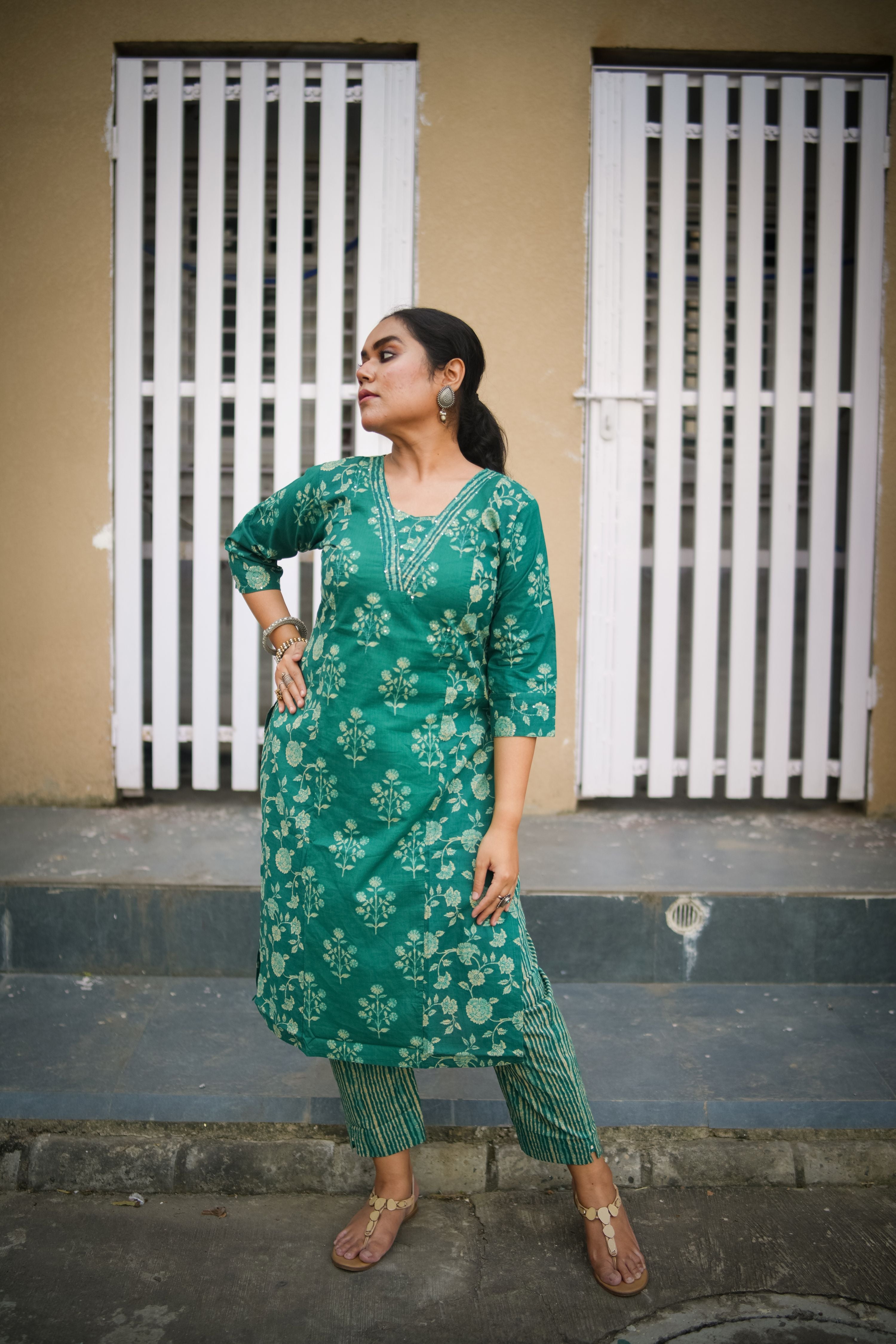 Dark Green Mix & Match Floral Print Embroidered Kurta With Pant