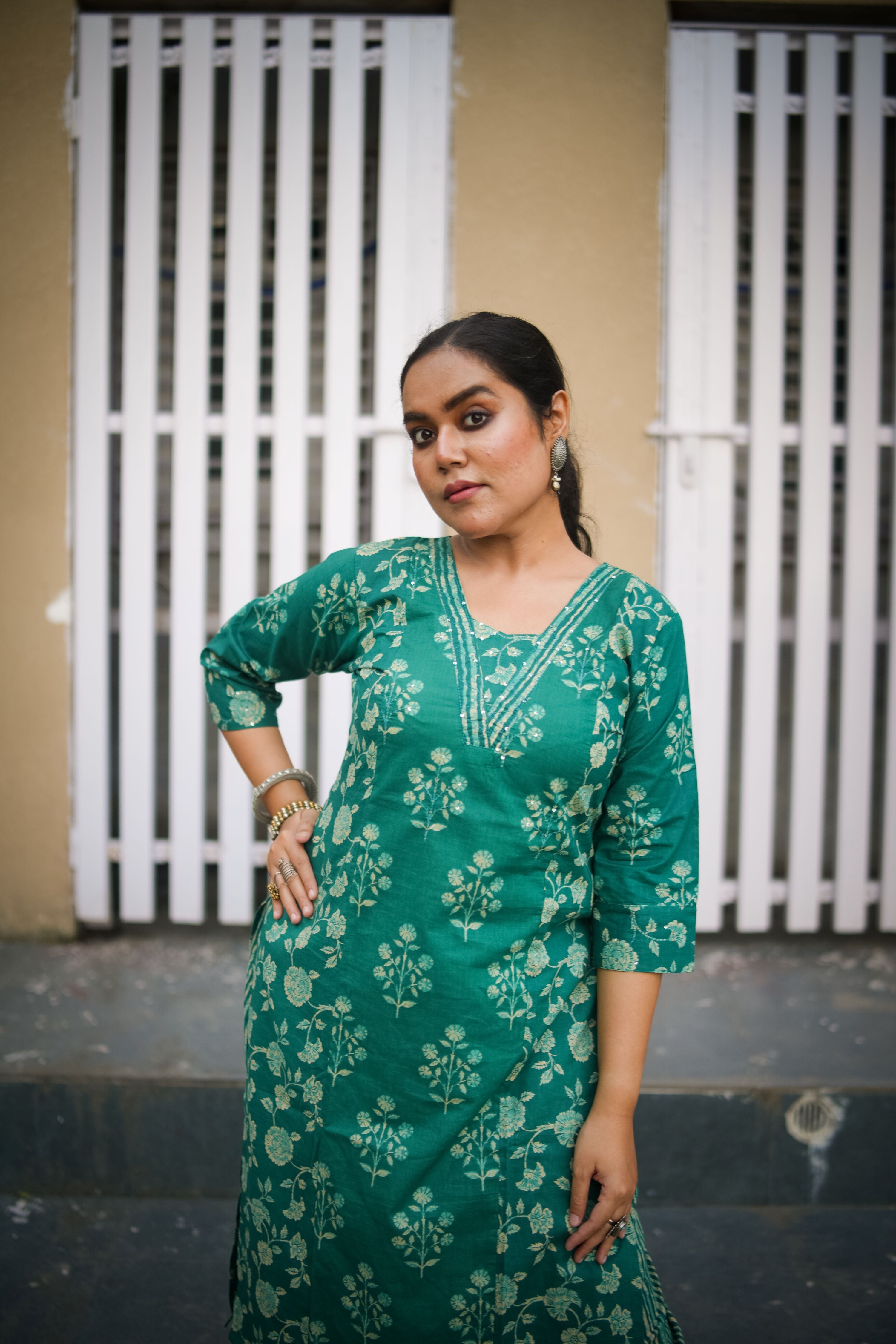 Dark Green Mix & Match Floral Print Embroidered Kurta With Pant