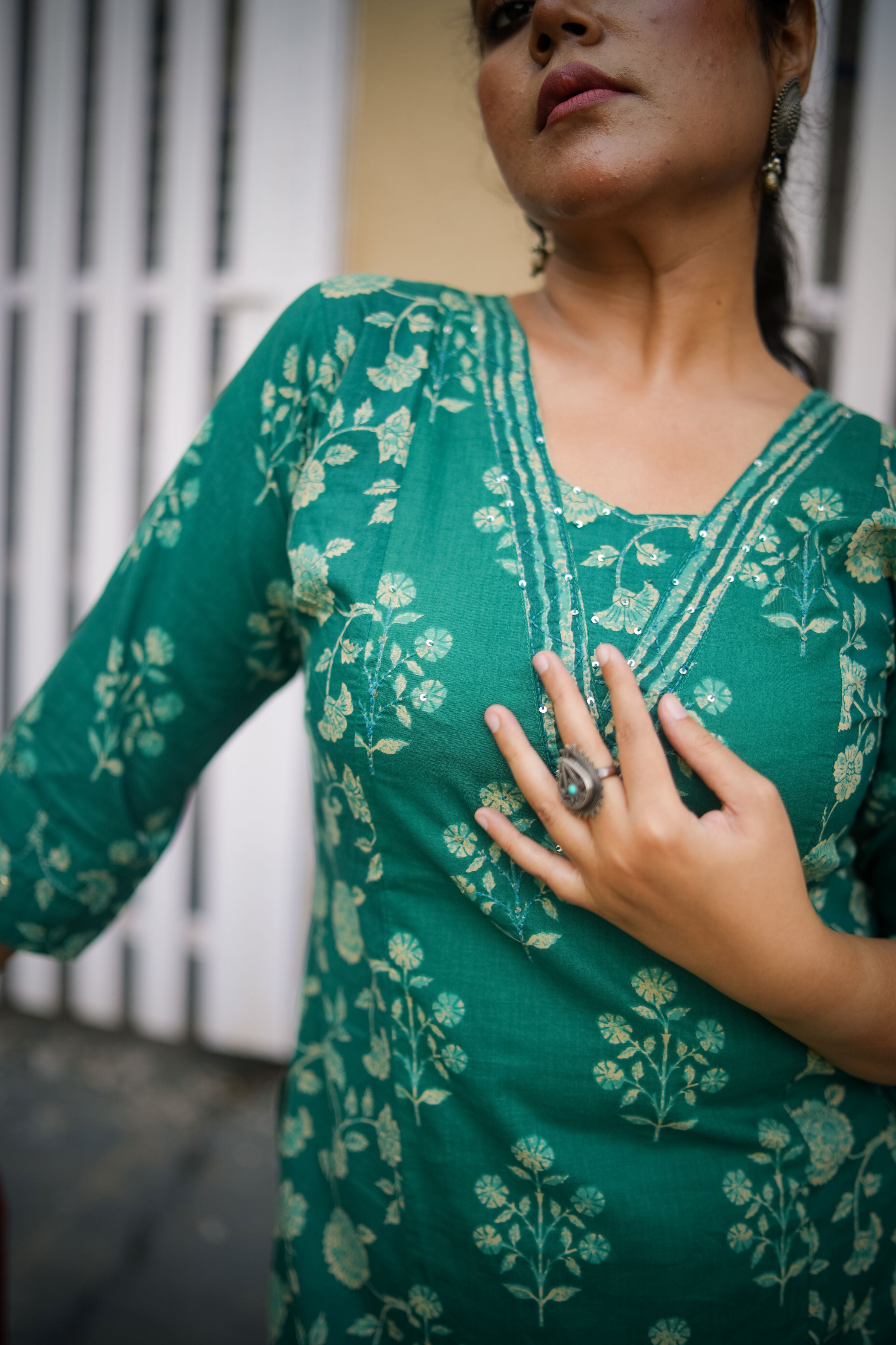 Dark Green Mix & Match Floral Print Embroidered Kurta With Pant