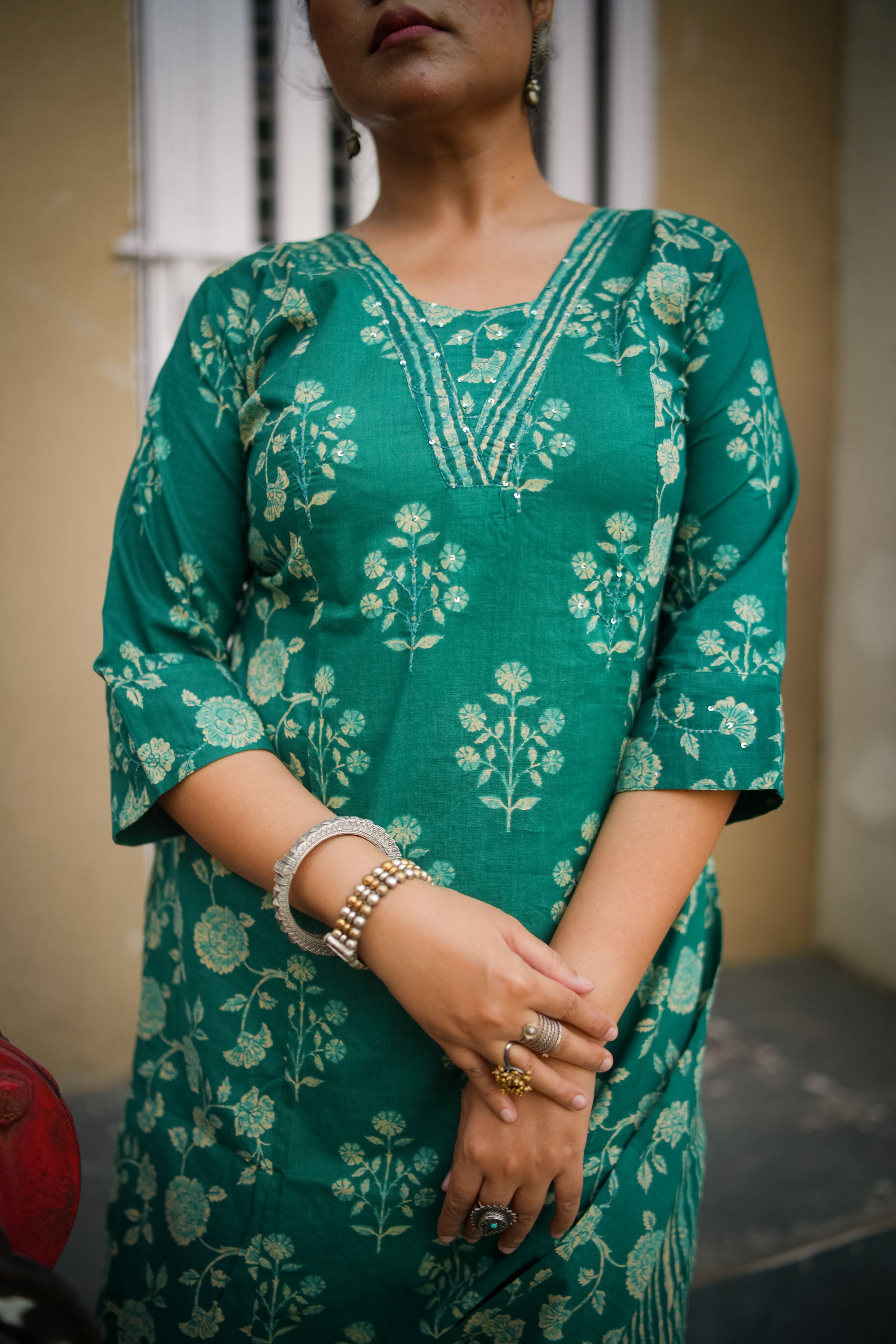 Dark Green Mix & Match Floral Print Embroidered Kurta With Pant