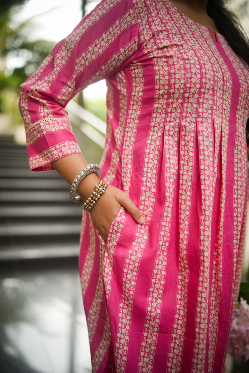 Pink Striped Print Pleated Kurta With Pant