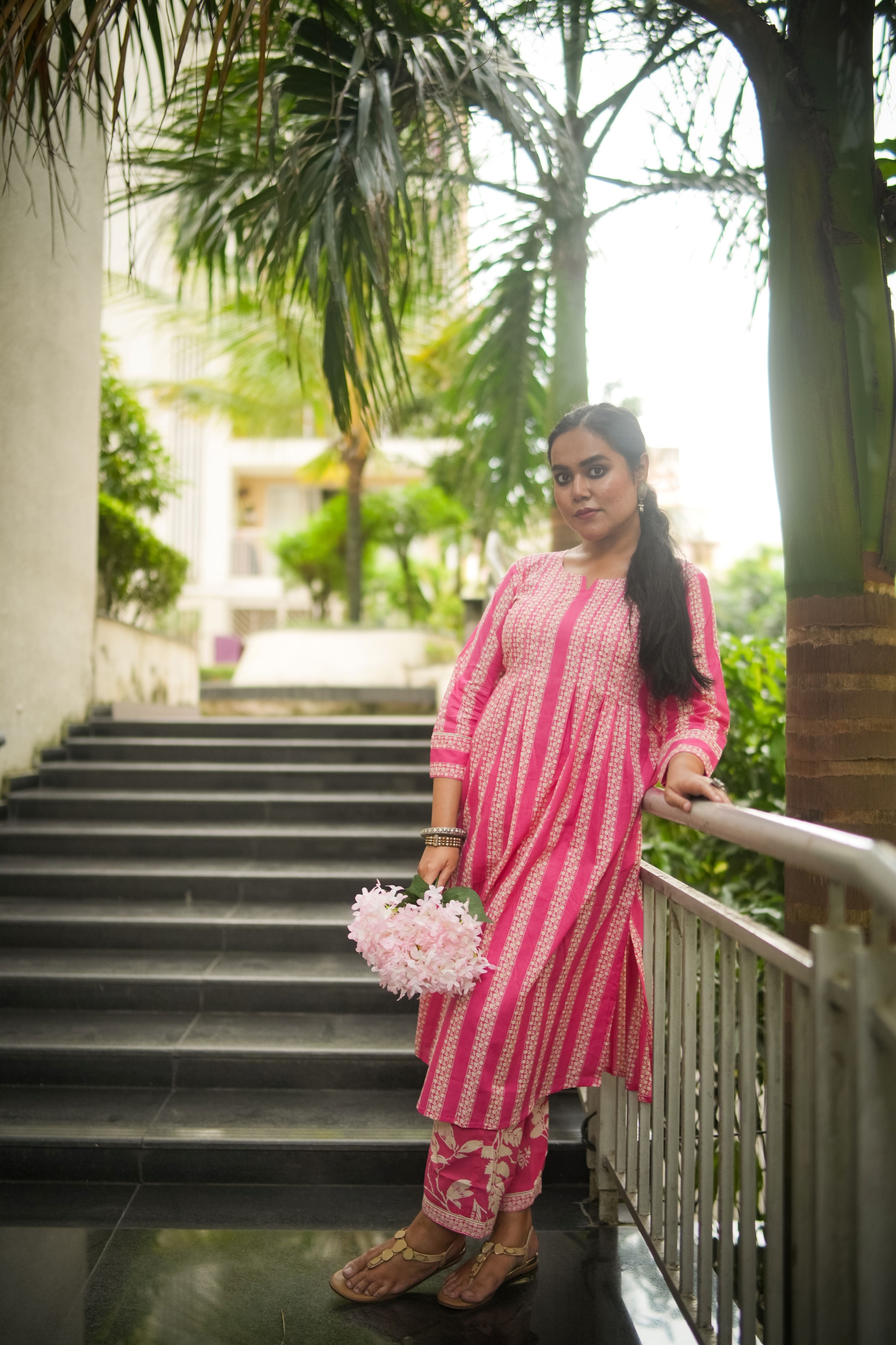Pink Striped Print Pleated Kurta With Pant