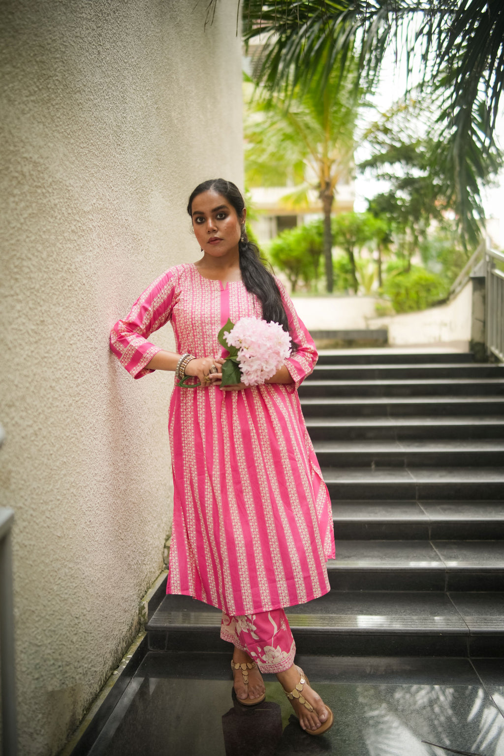 Pink Striped Print Pleated Kurta With Pant