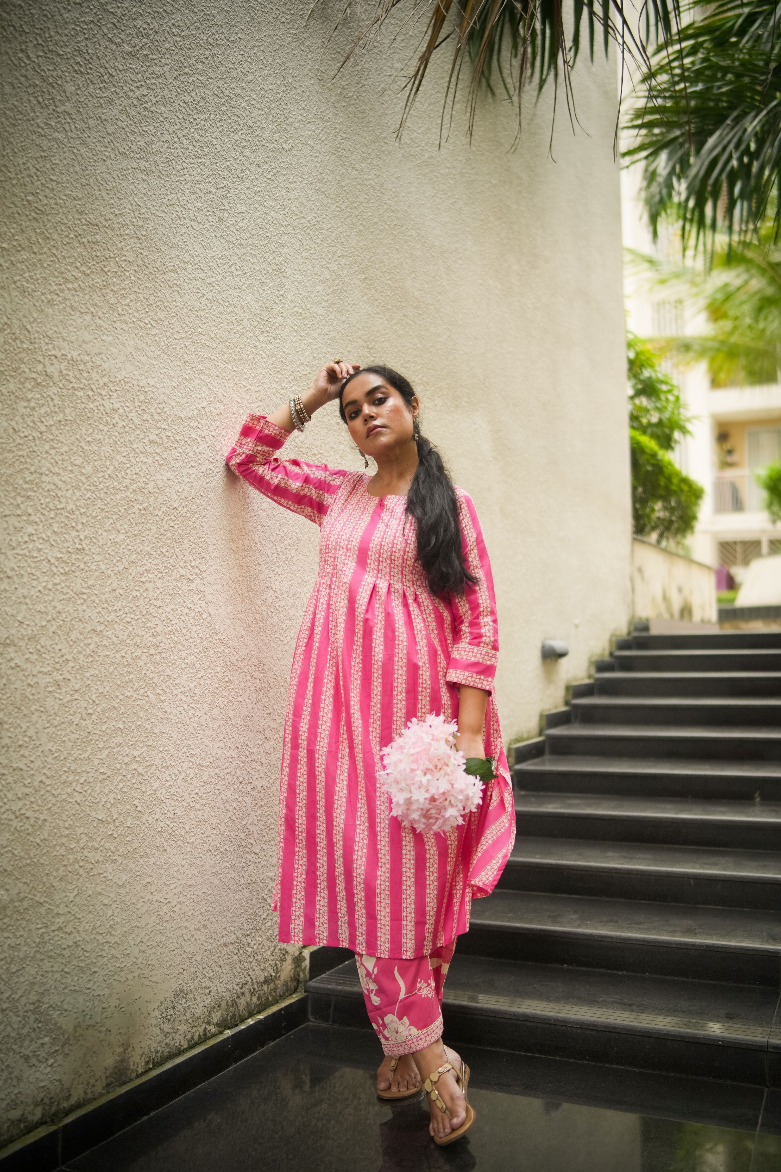 Pink Striped Print Pleated Kurta With Pant