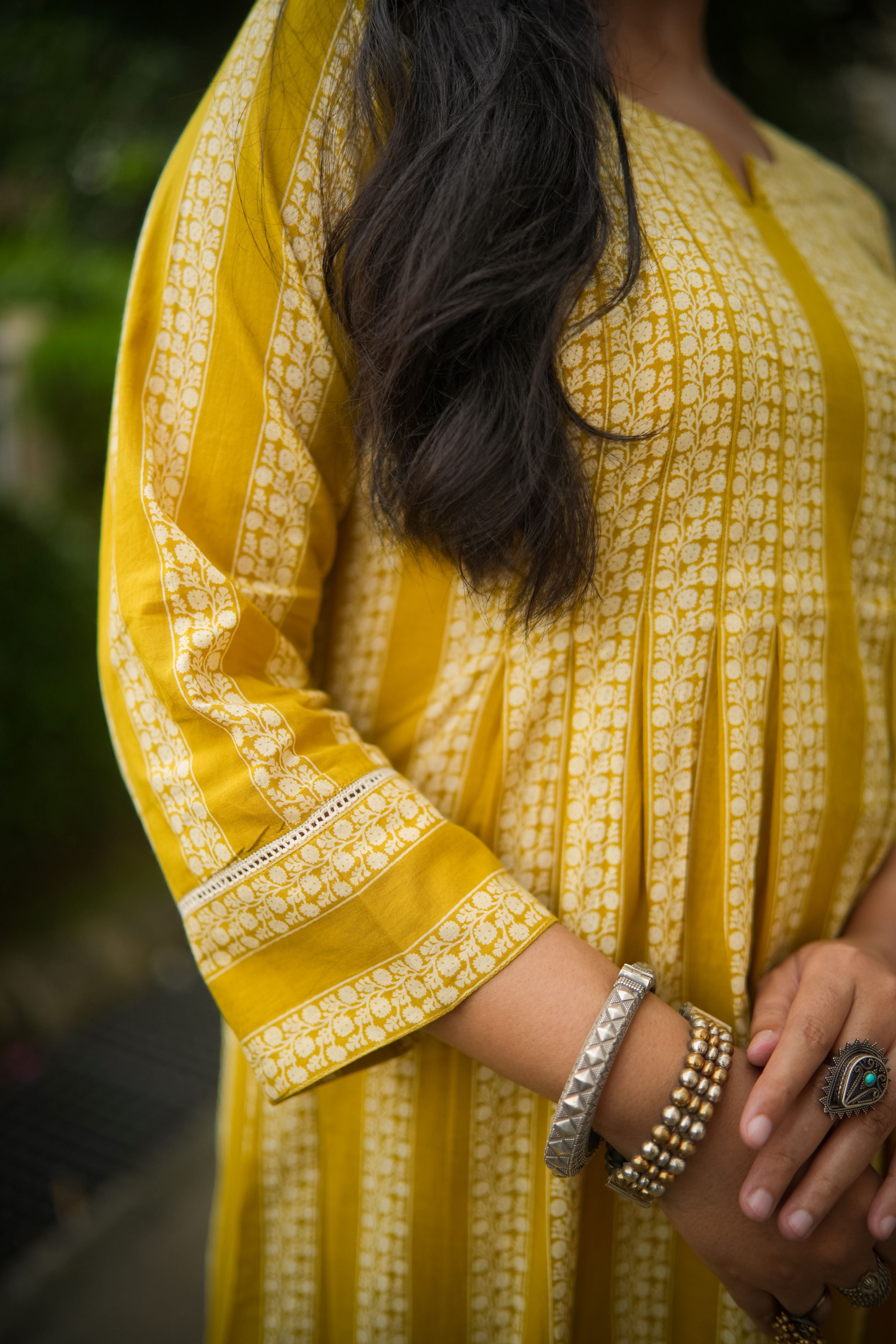 Yellow Striped Print Pleated Kurta With Pant