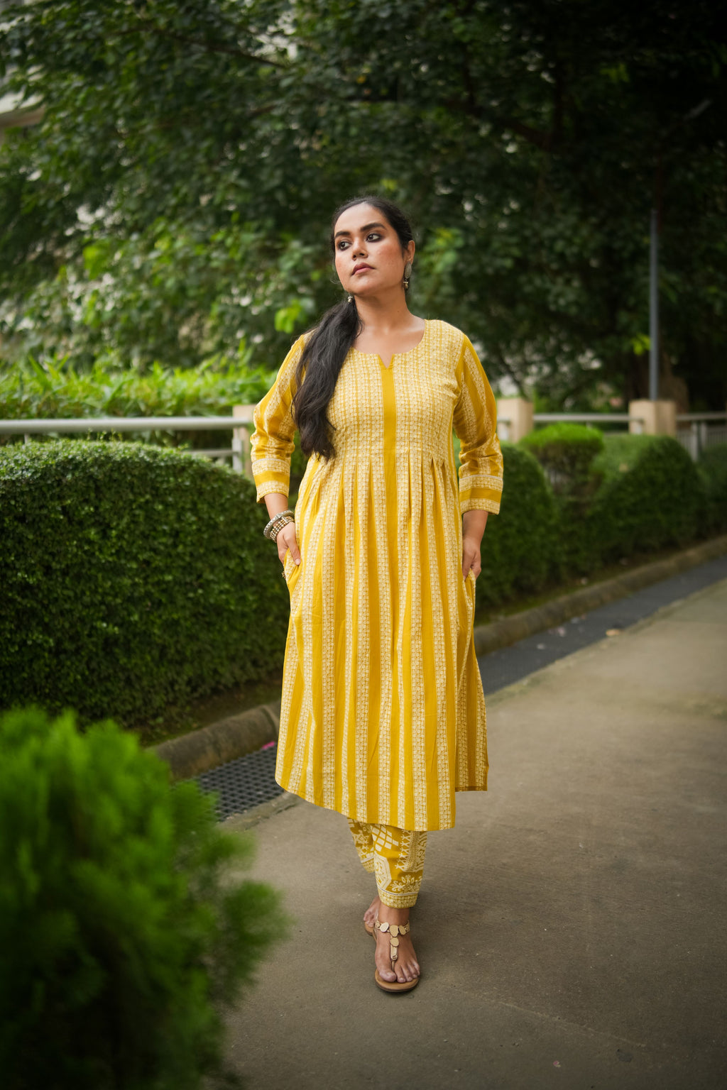 Yellow Striped Print Pleated Kurta With Pant