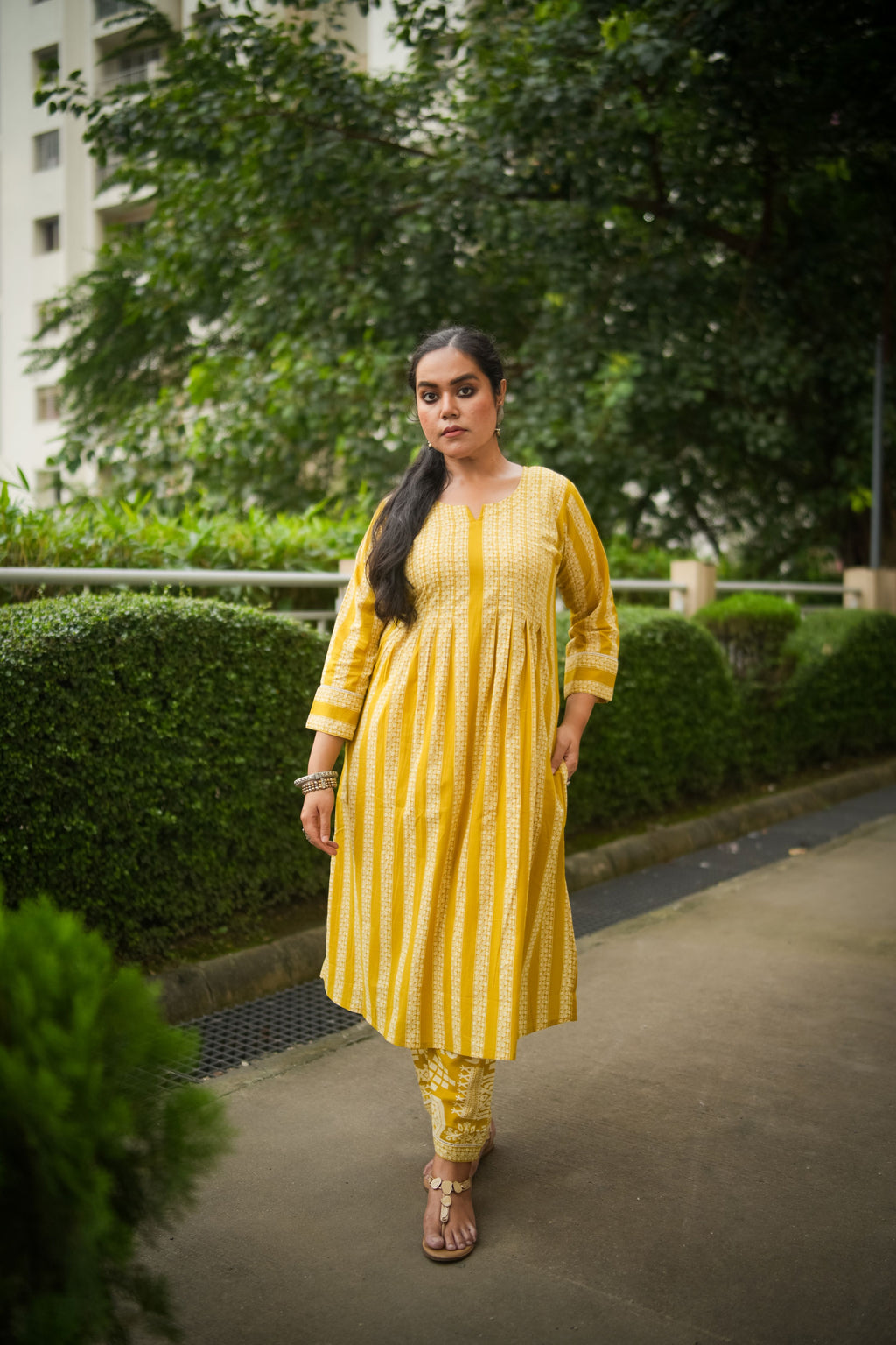 Yellow Striped Print Pleated Kurta With Pant