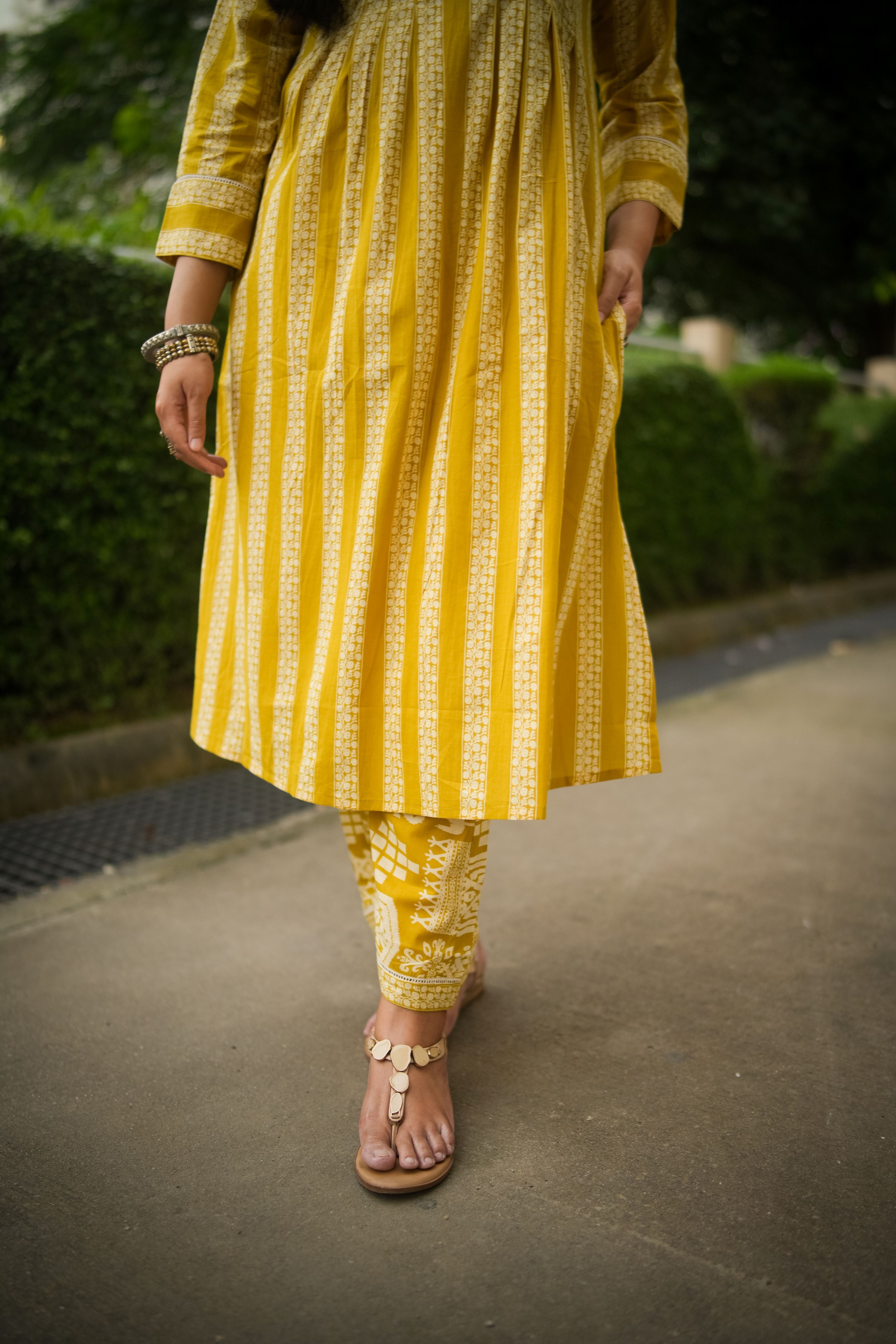 Yellow Striped Print Pleated Kurta With Pant