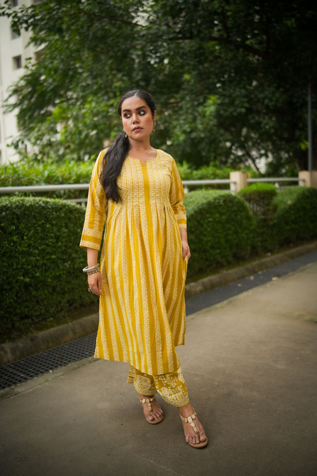 Yellow Striped Print Pleated Kurta With Pant