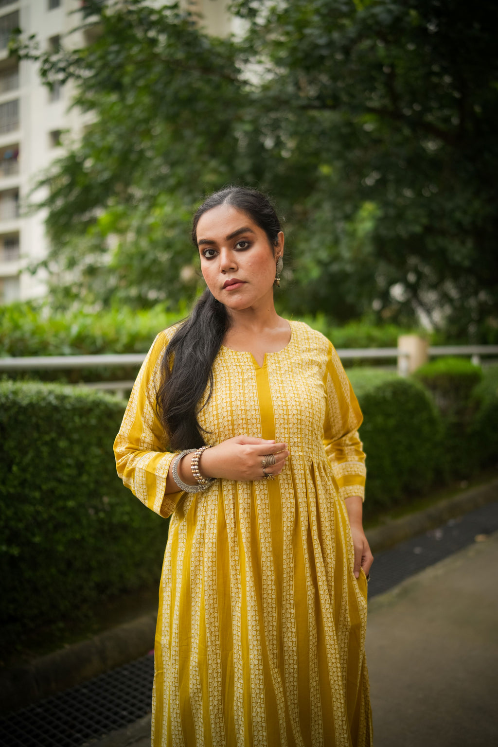 Yellow Striped Print Pleated Kurta With Pant