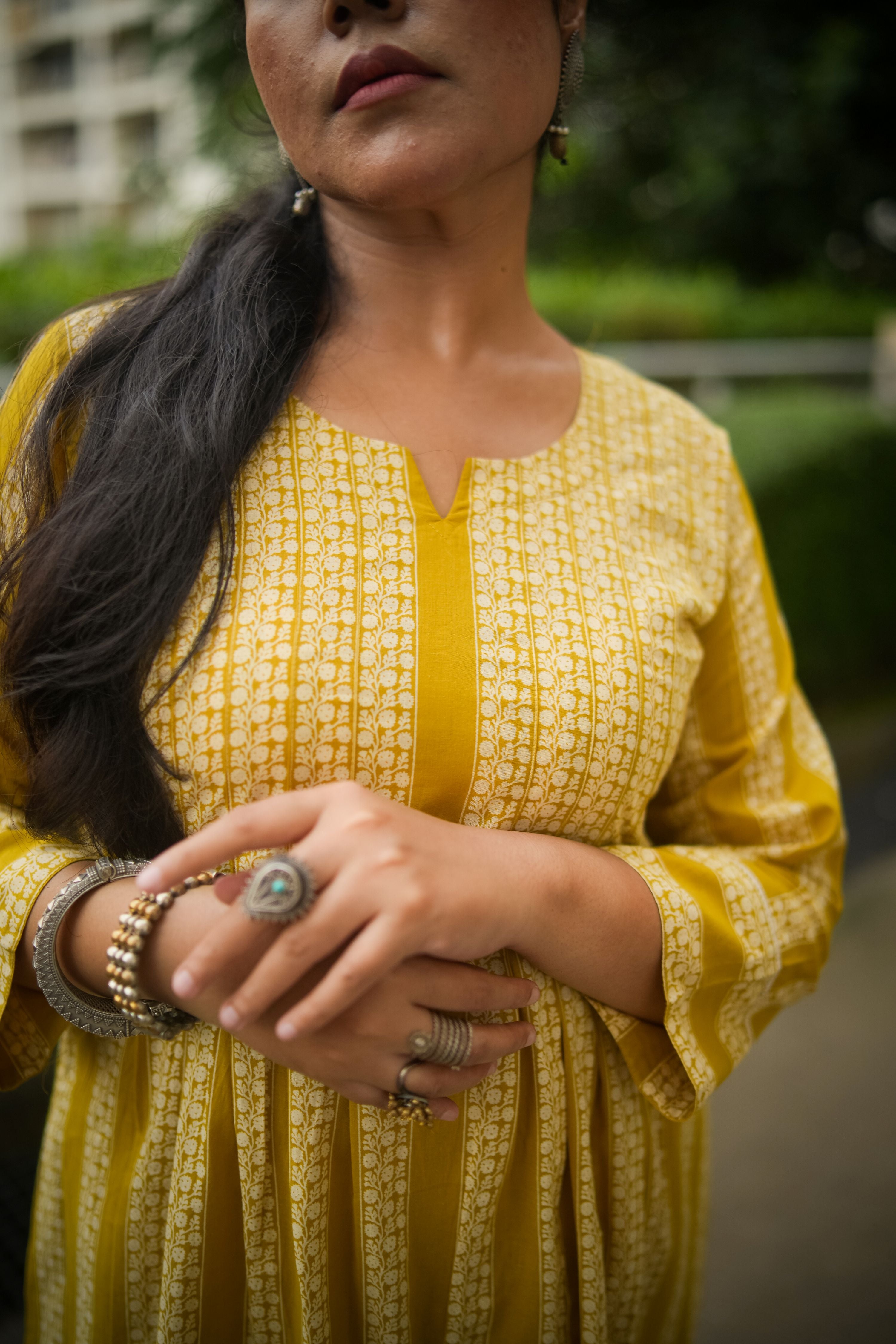 Yellow Striped Print Pleated Kurta With Pant