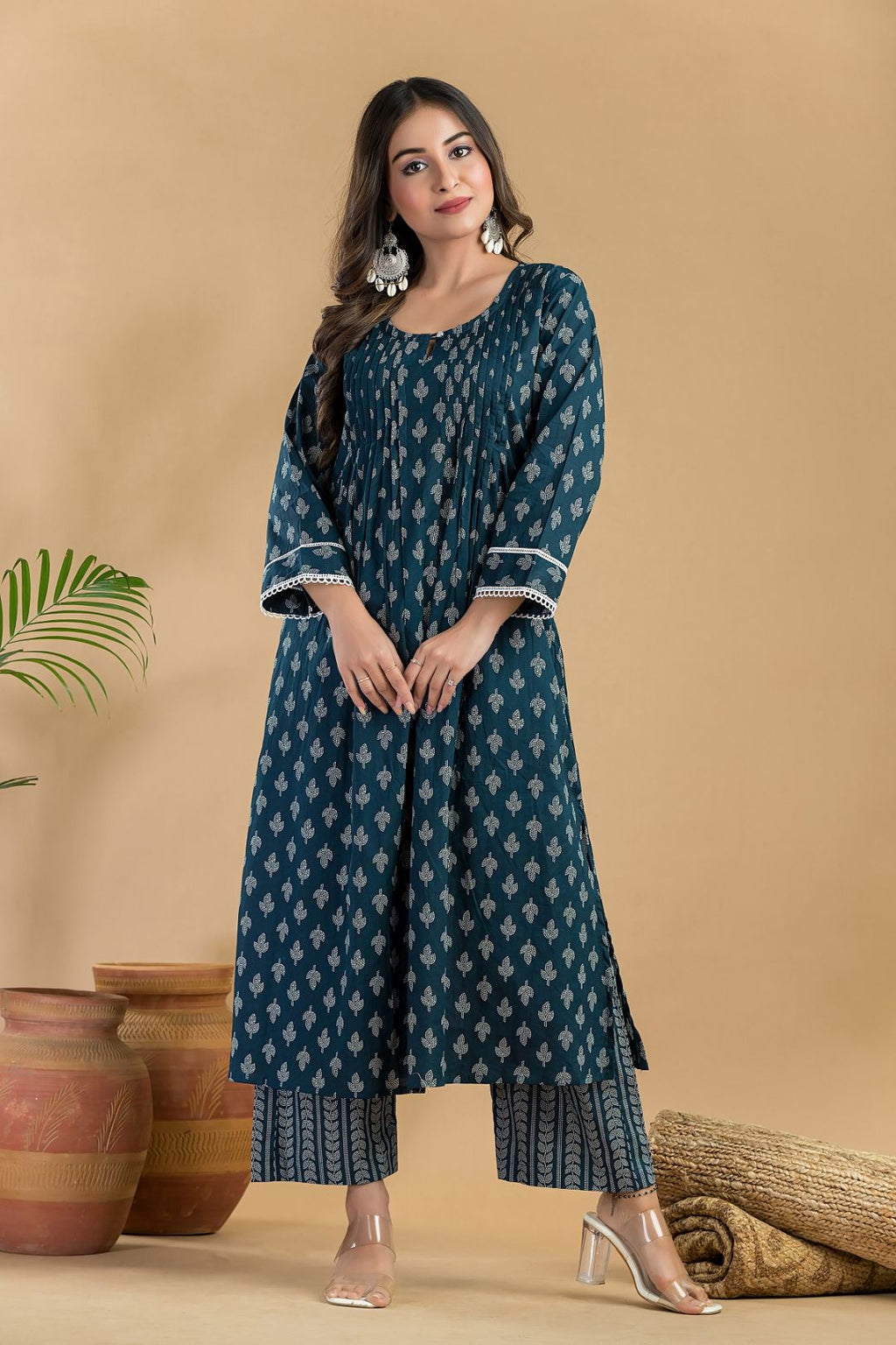 Teal Blue Floral Print Pleated Kurta With Pant