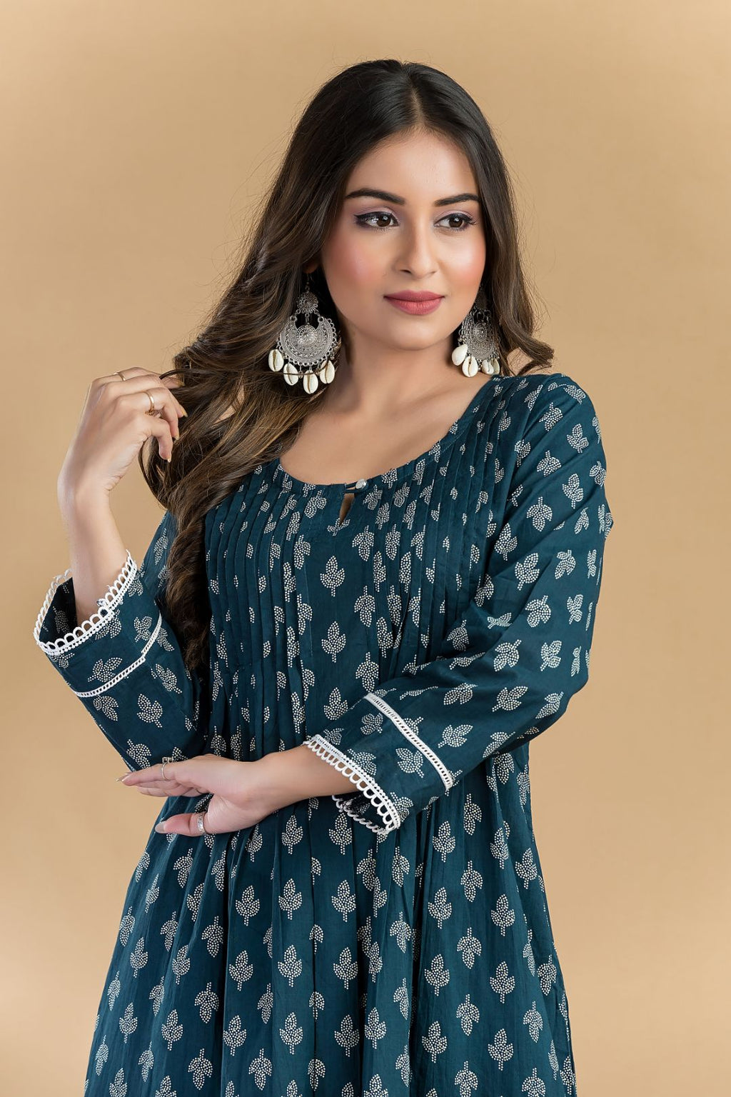 Teal Blue Floral Print Pleated Kurta With Pant