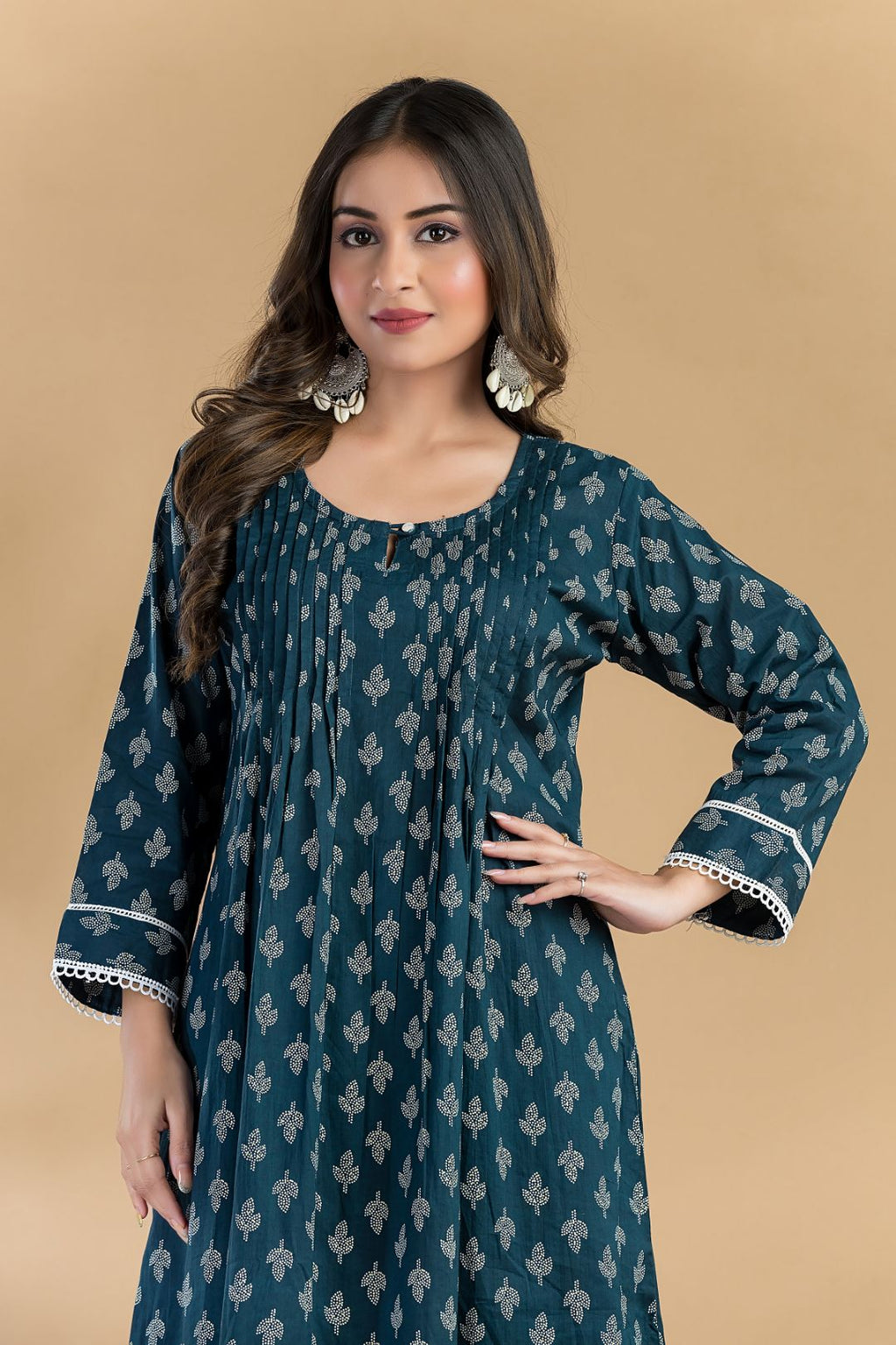 Teal Blue Floral Print Pleated Kurta With Pant
