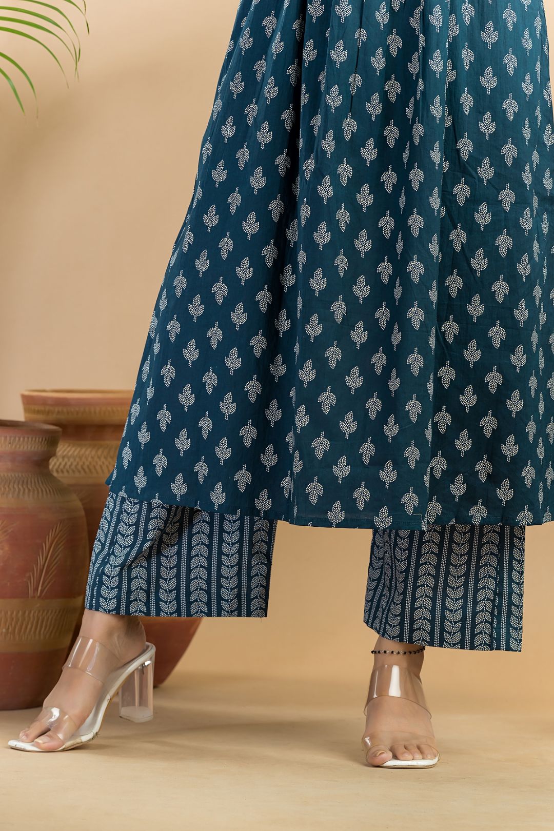 Teal Blue Floral Print Pleated Kurta With Pant