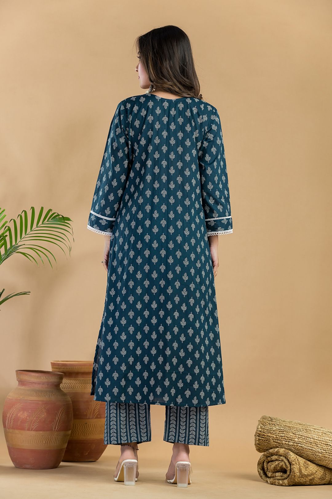 Teal Blue Floral Print Pleated Kurta With Pant
