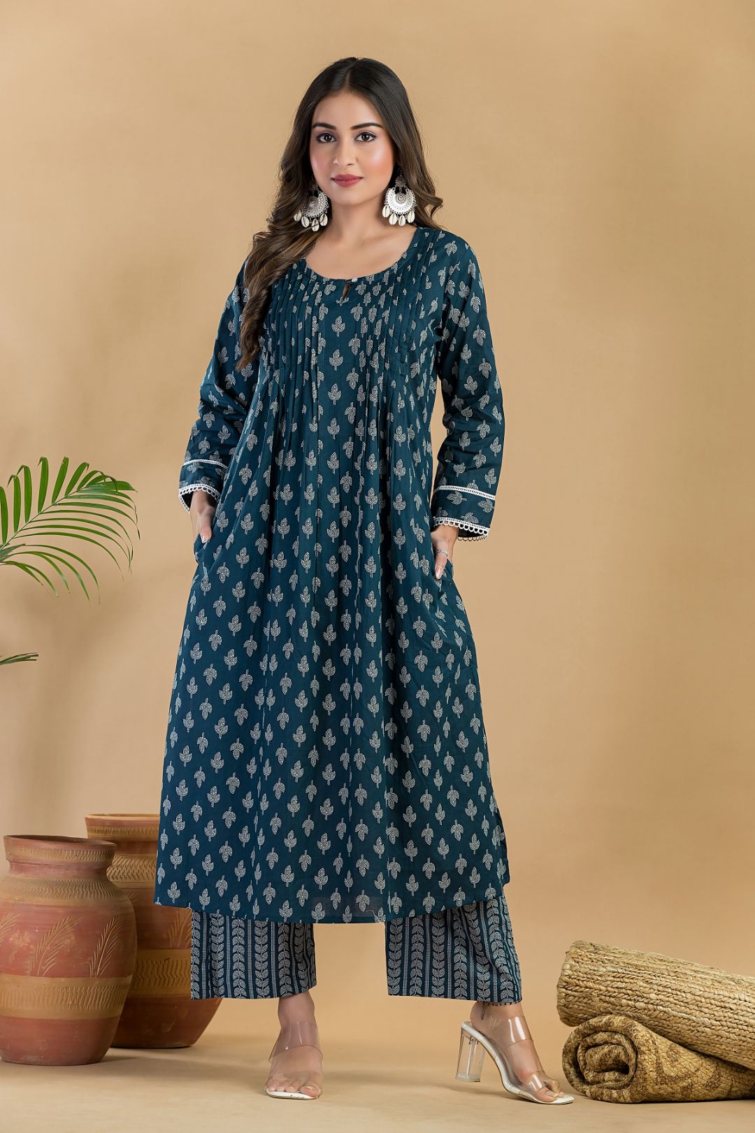Teal Blue Floral Print Pleated Kurta With Pant