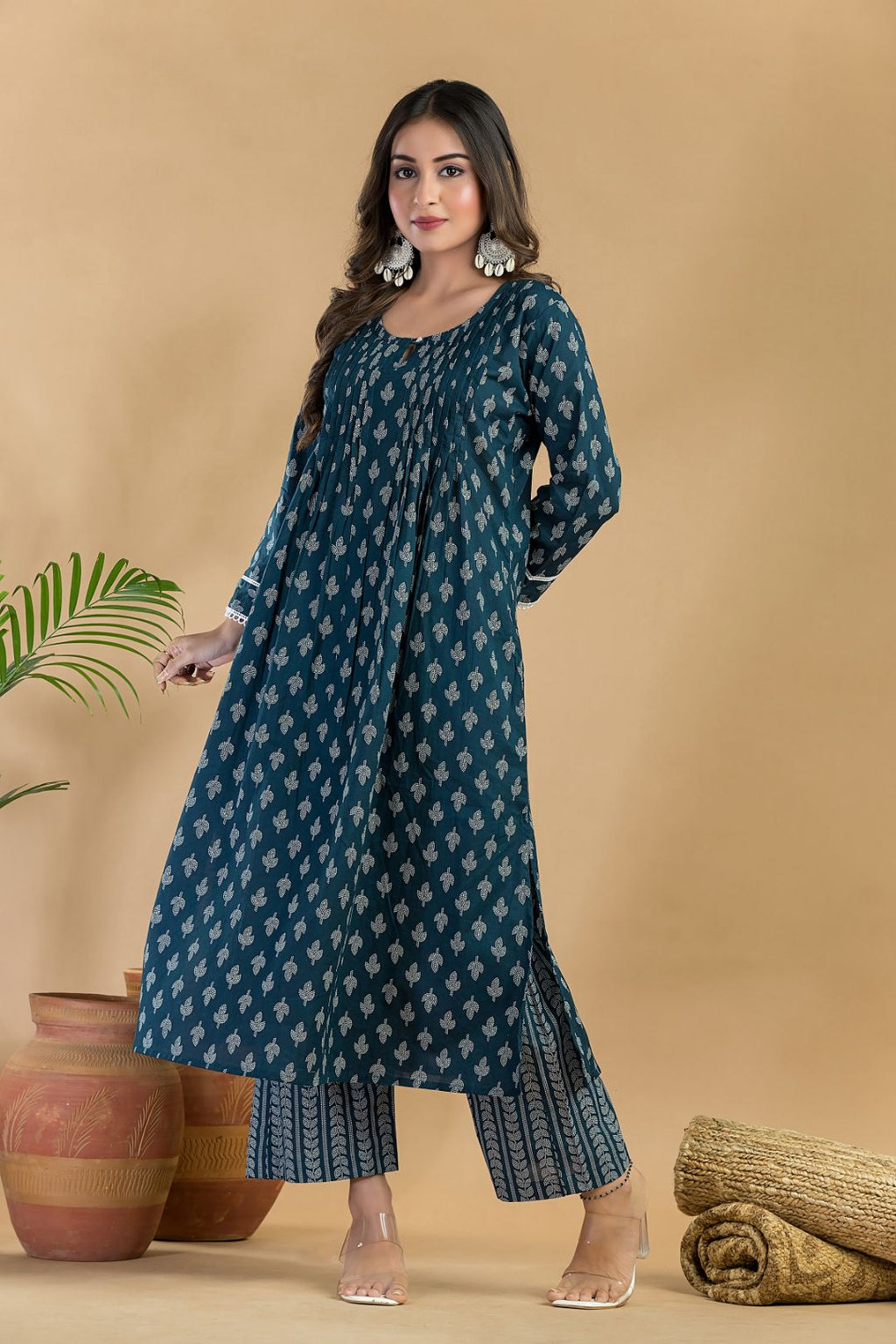 Teal Blue Floral Print Pleated Kurta With Pant