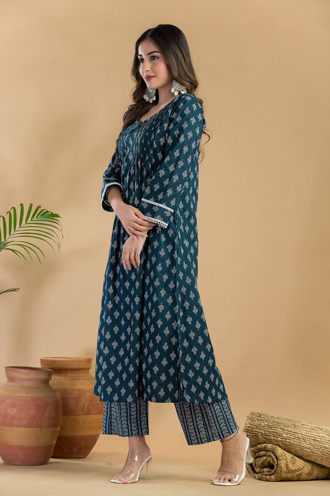 Teal Blue Floral Print Pleated Kurta With Pant