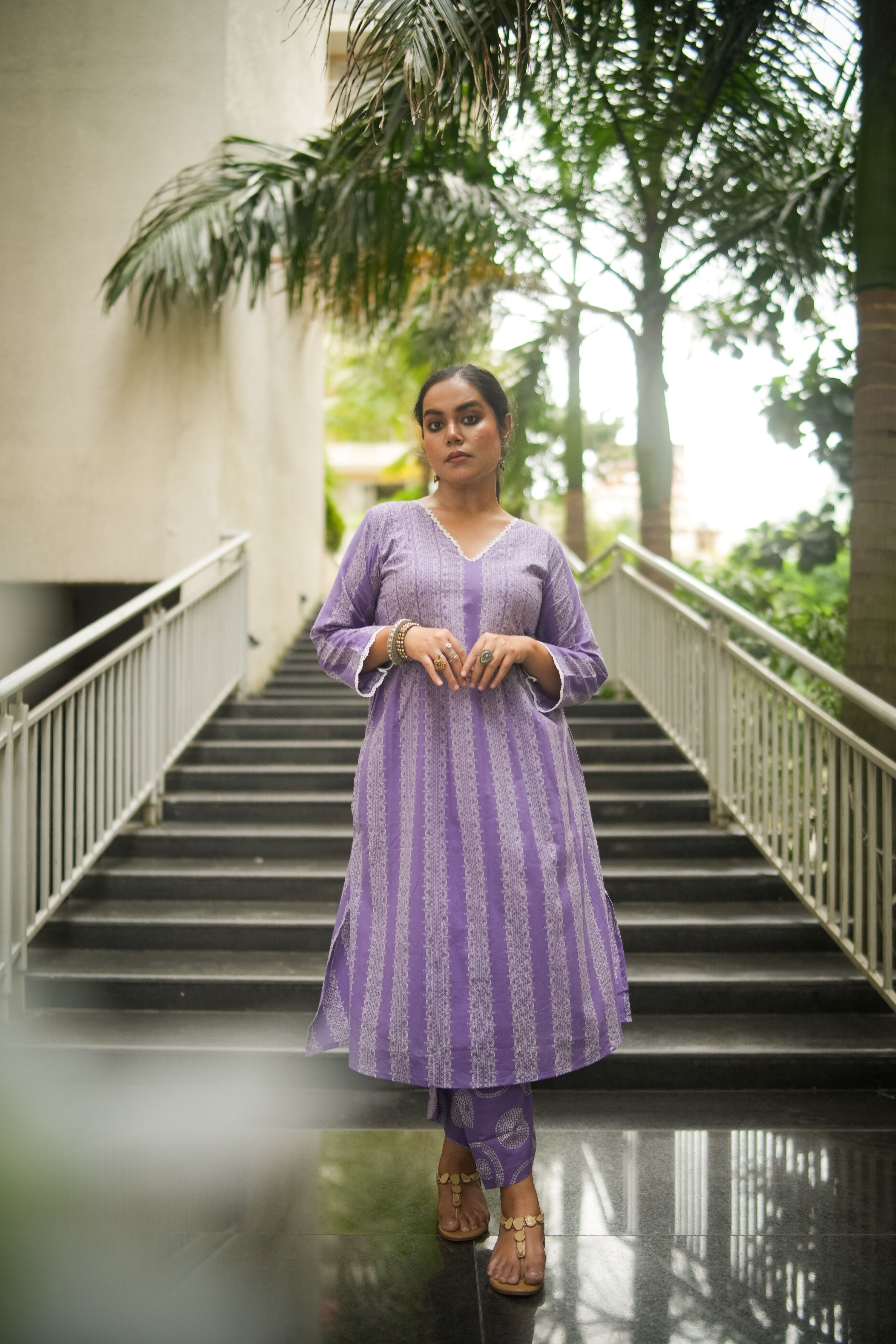 Lavender Striped Print Pleated Kurta With Pant