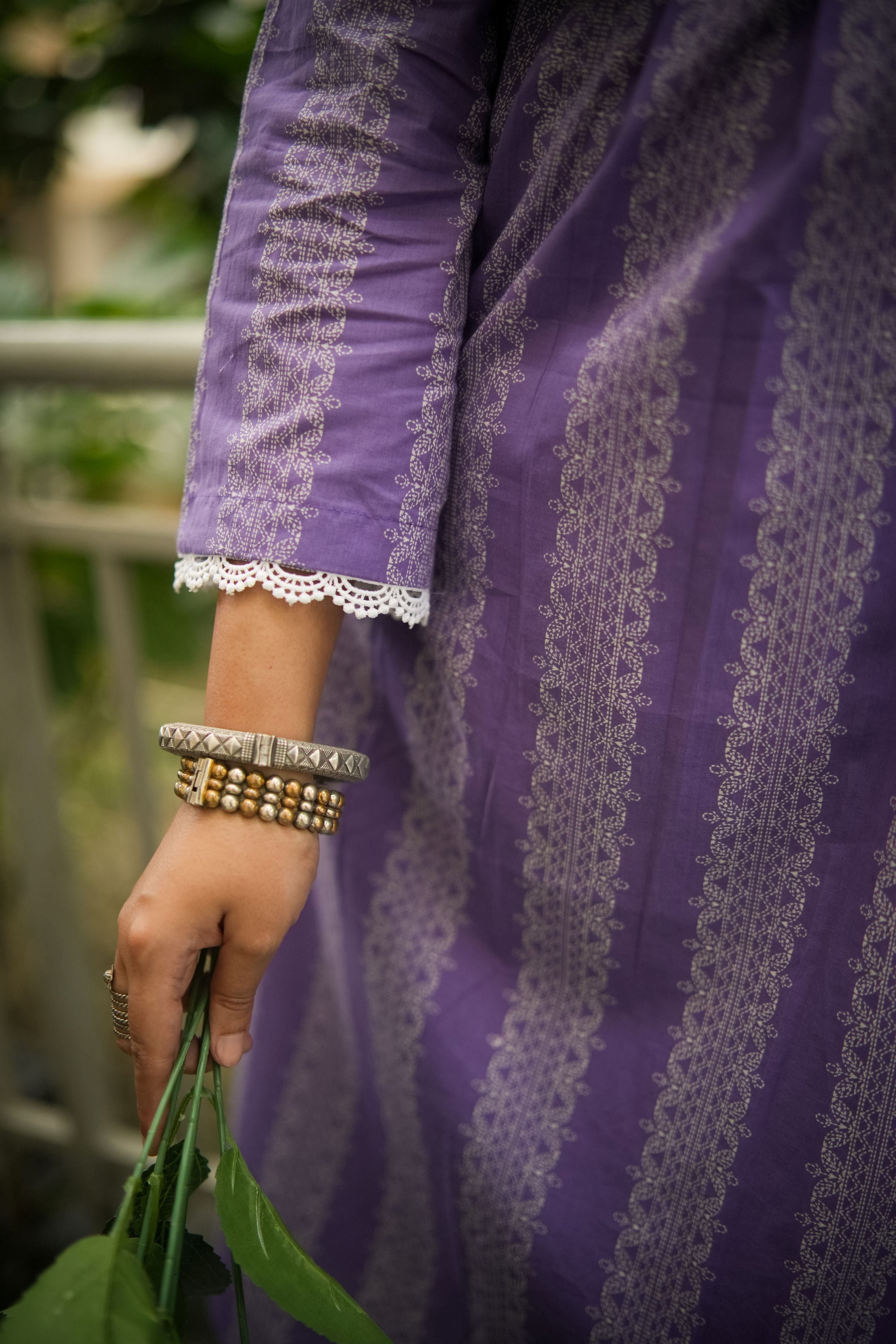 Lavender Striped Print Pleated Kurta With Pant