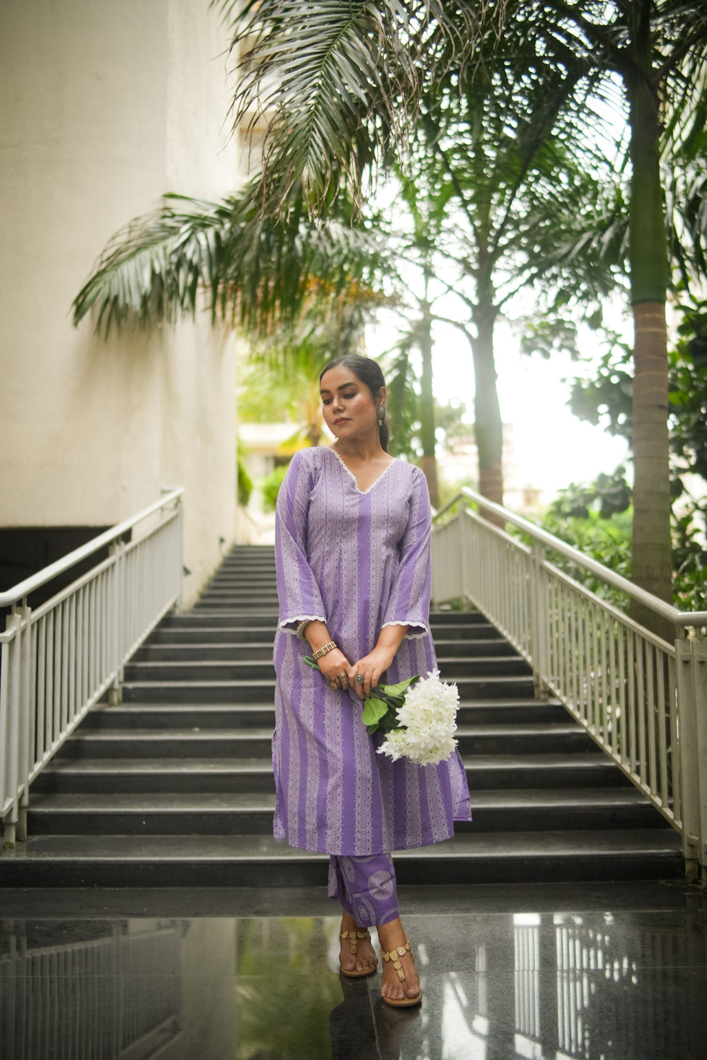 Lavender Striped Print Pleated Kurta With Pant