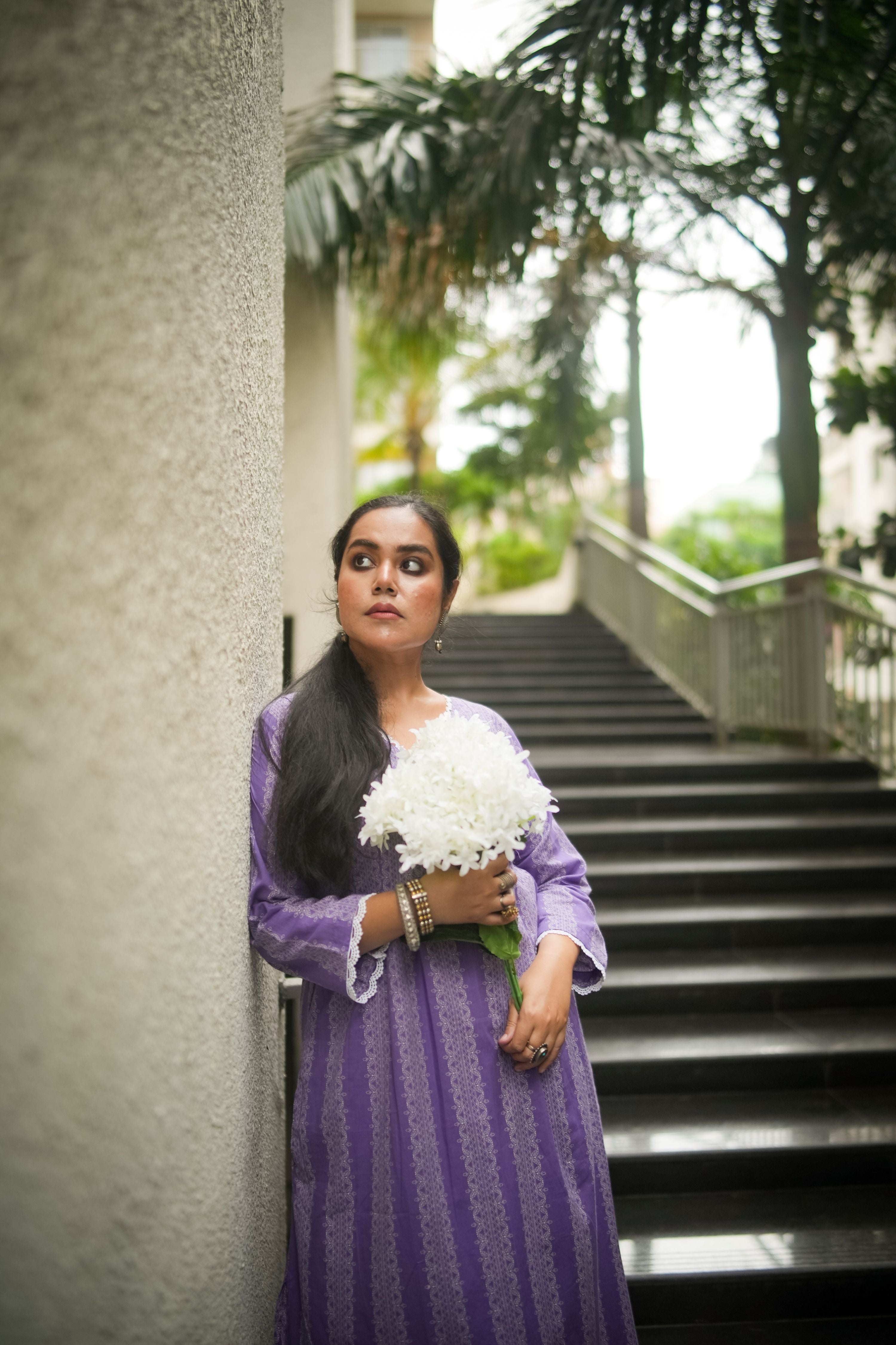 Lavender Striped Print Pleated Kurta With Pant