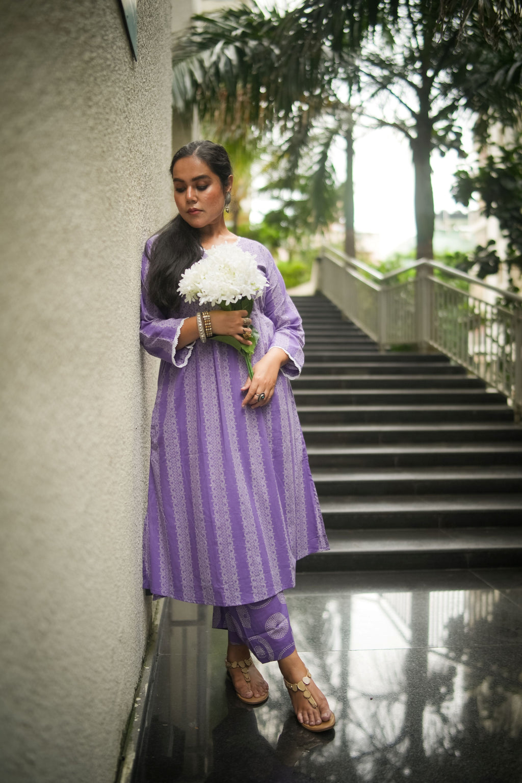 Lavender Striped Print Pleated Kurta With Pant