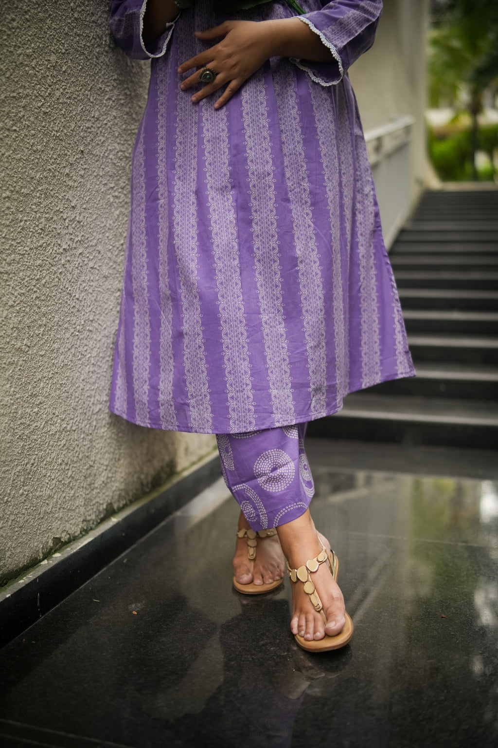 Lavender Striped Print Pleated Kurta With Pant