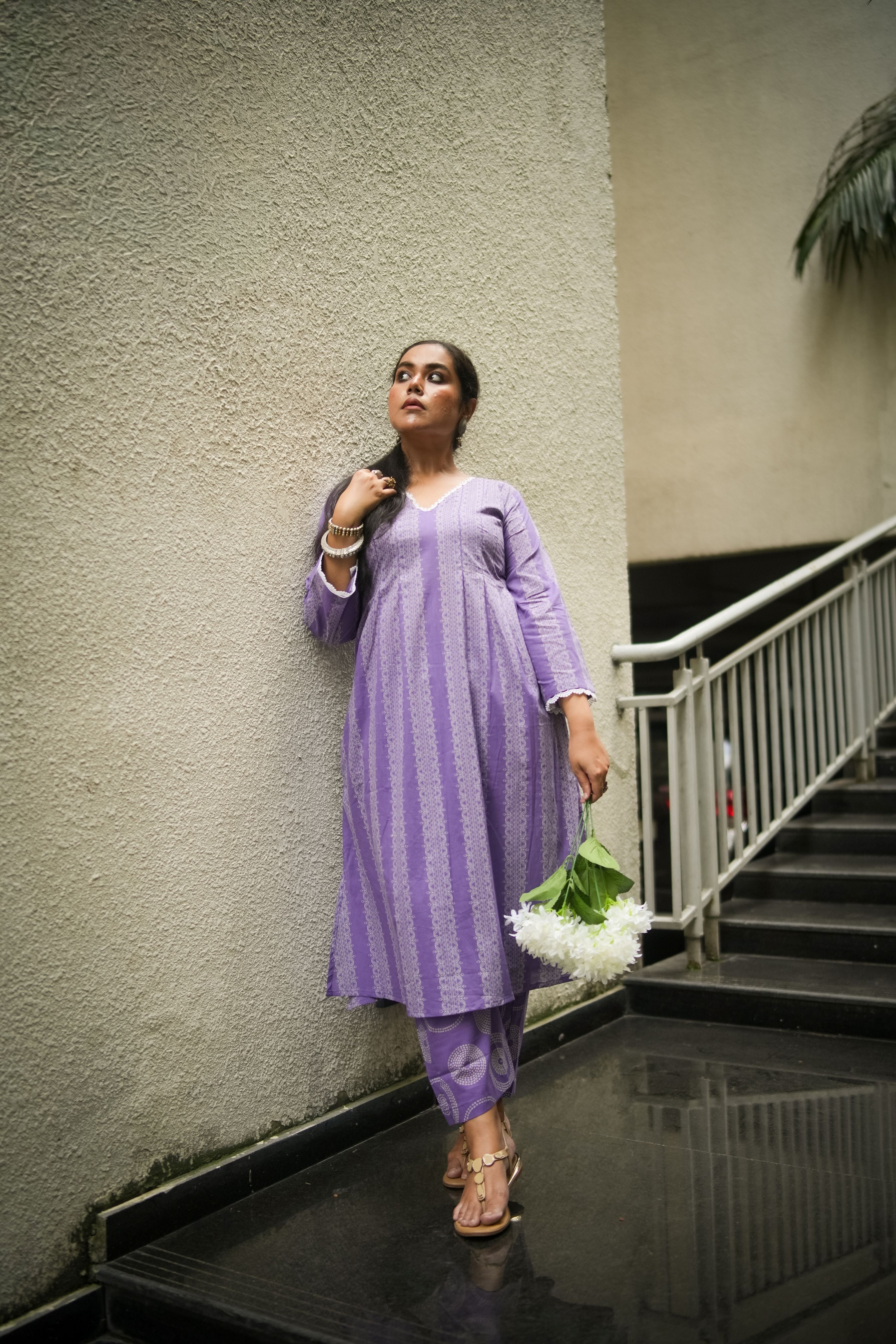 Lavender Striped Print Pleated Kurta With Pant