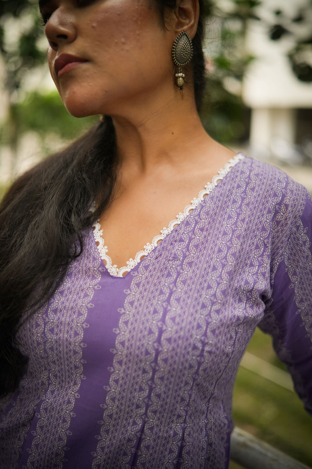 Lavender Striped Print Pleated Kurta With Pant