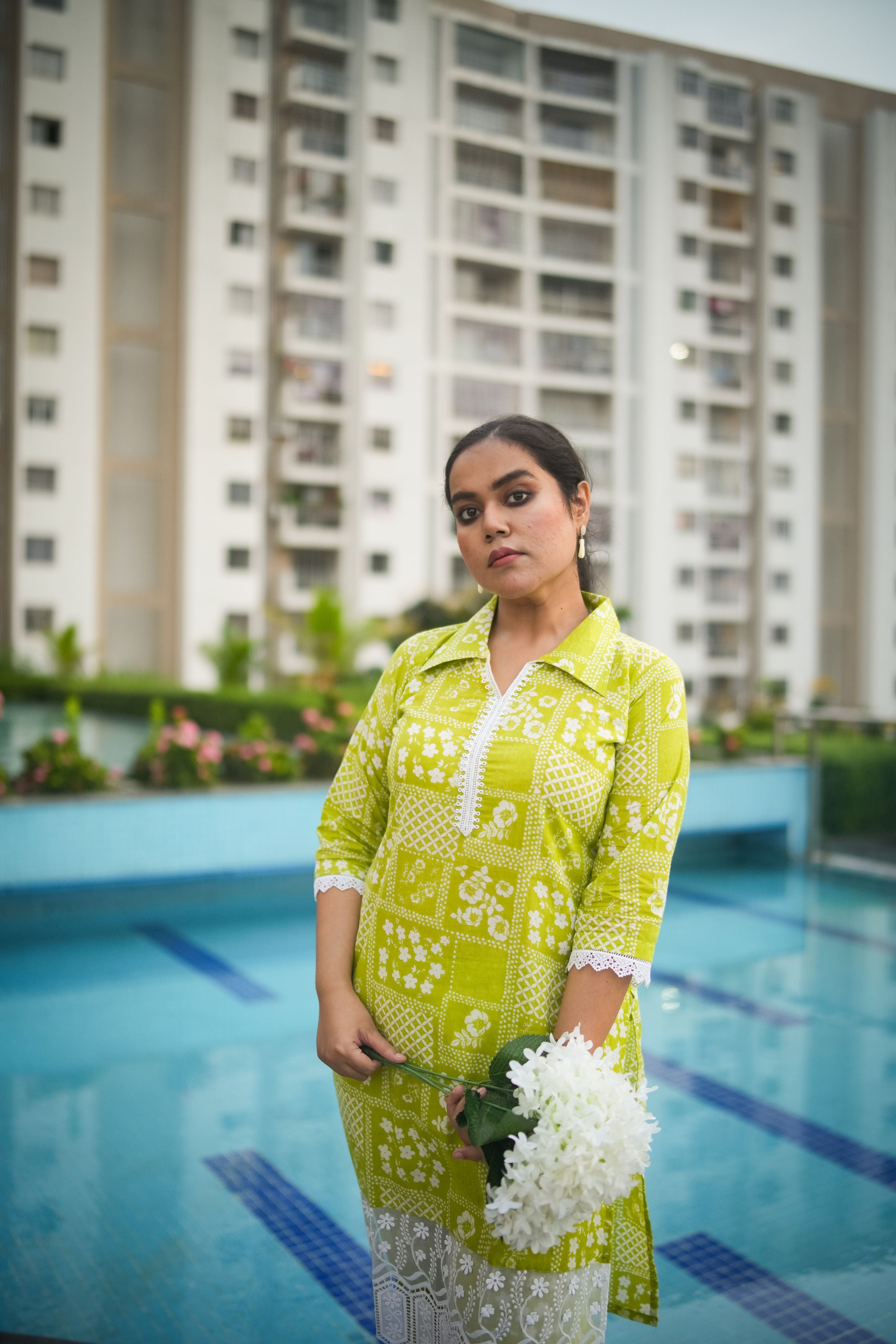Lime Green Floral Print Wide Lace Kurta With Pant