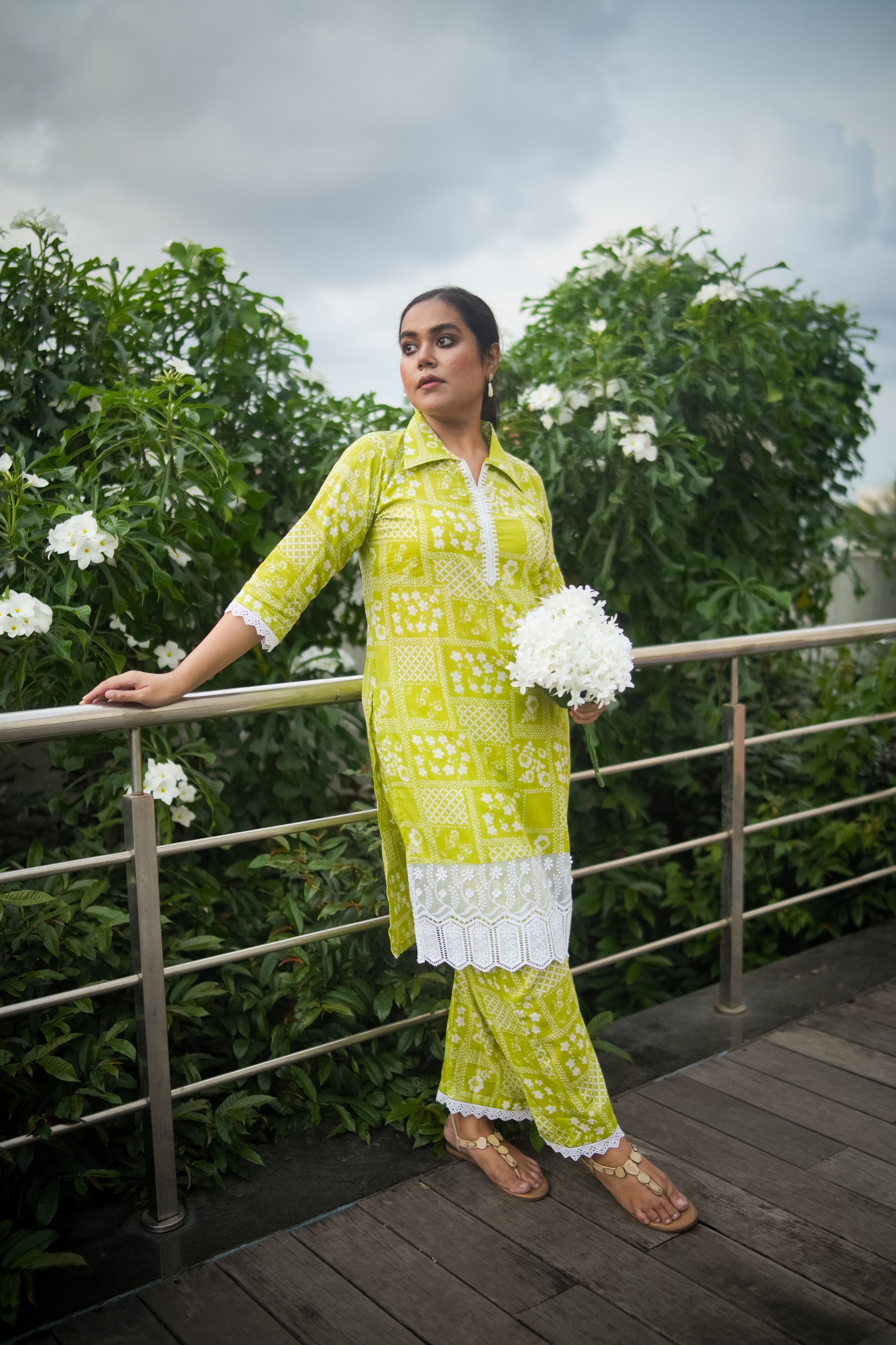 Lime Green Floral Print Wide Lace Kurta With Pant
