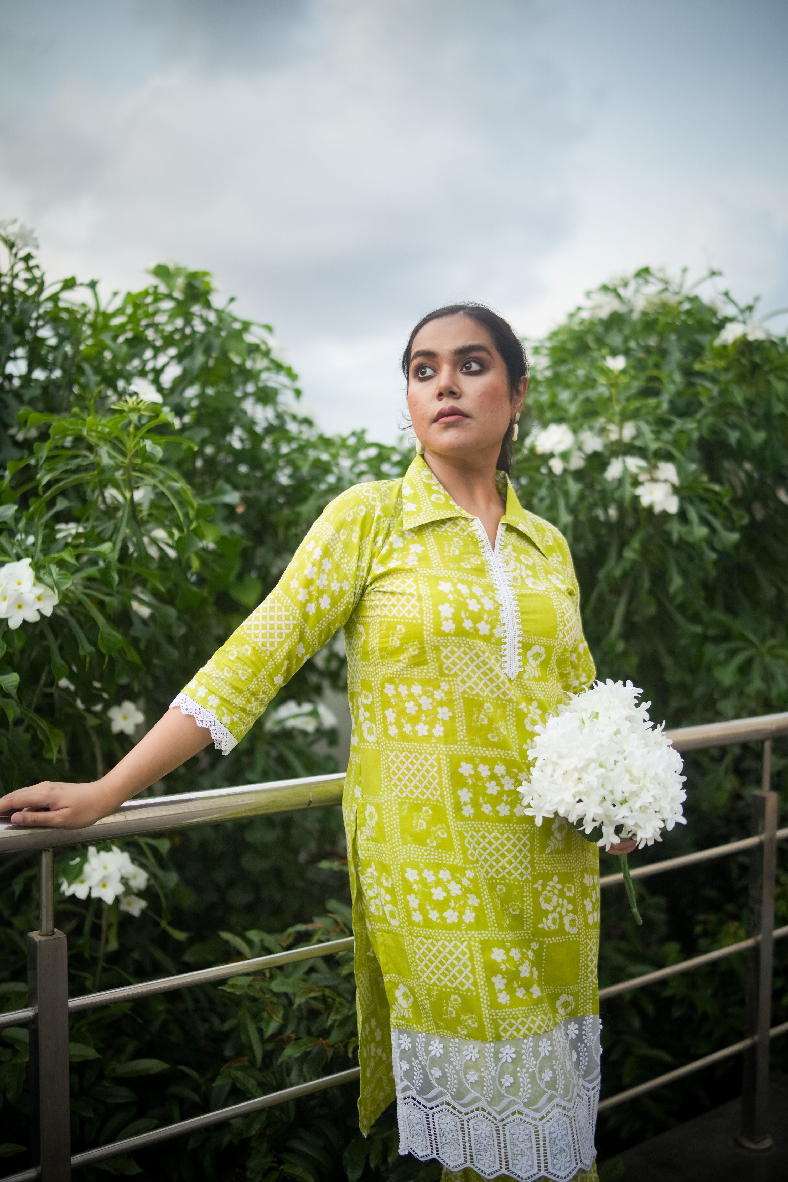 Lime Green Floral Print Wide Lace Kurta With Pant