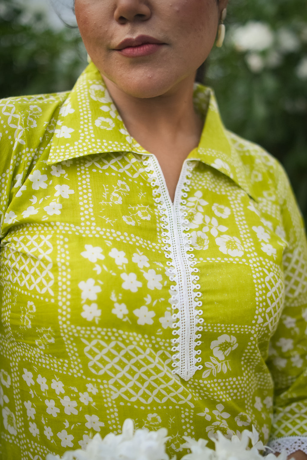 Lime Green Floral Print Wide Lace Kurta With Pant