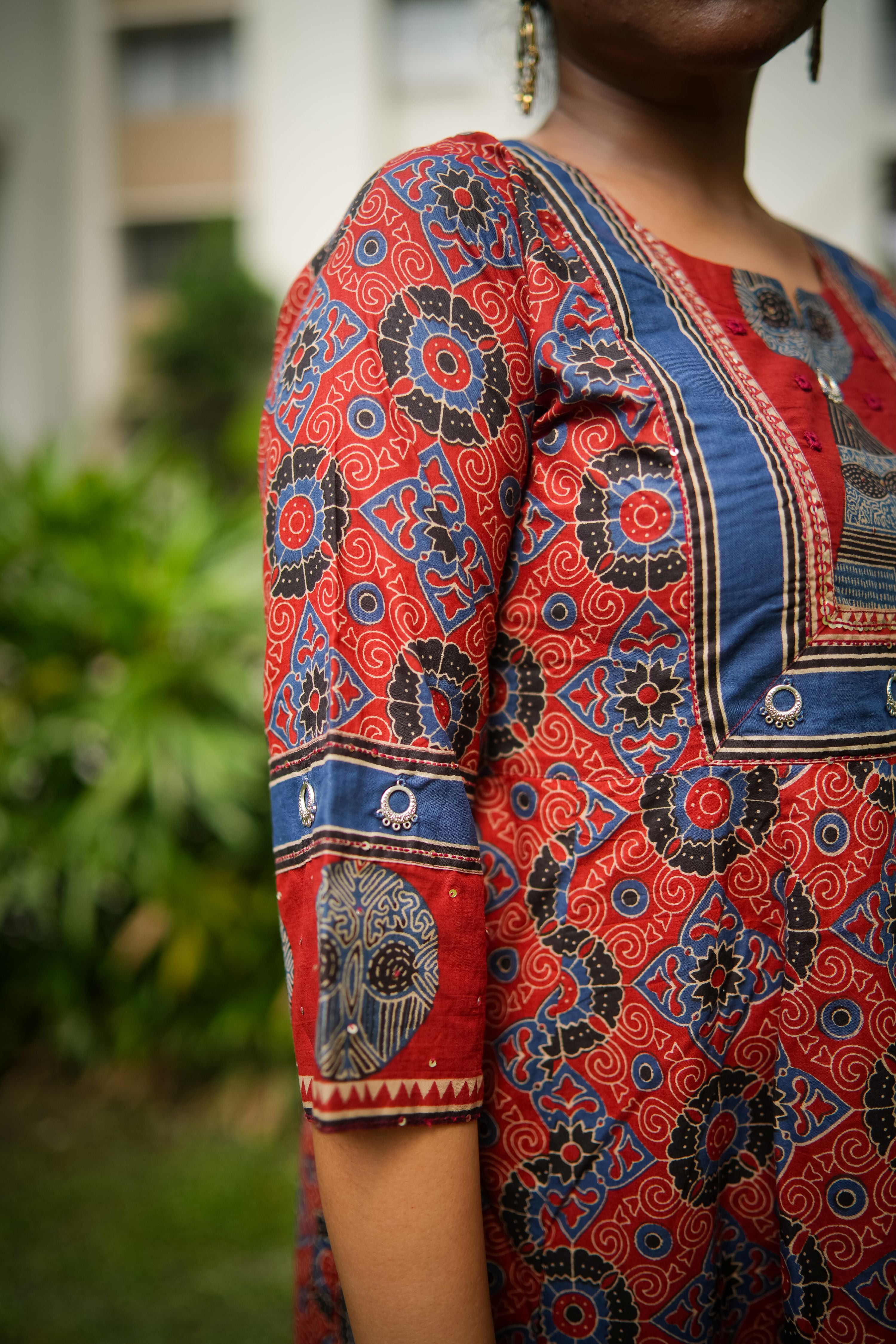 Maroon & Blue Embroidered Anarkali Kurta With Pant