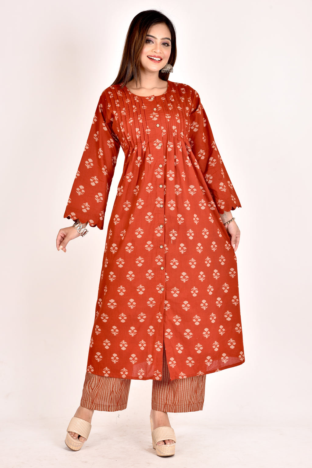 Brick Red Floral Print Pleated Kurta With Pant