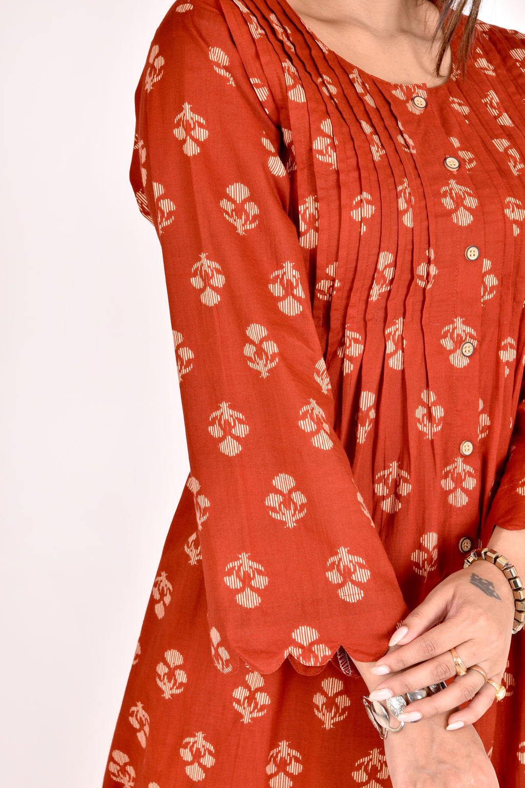 Brick Red Floral Print Pleated Kurta With Pant