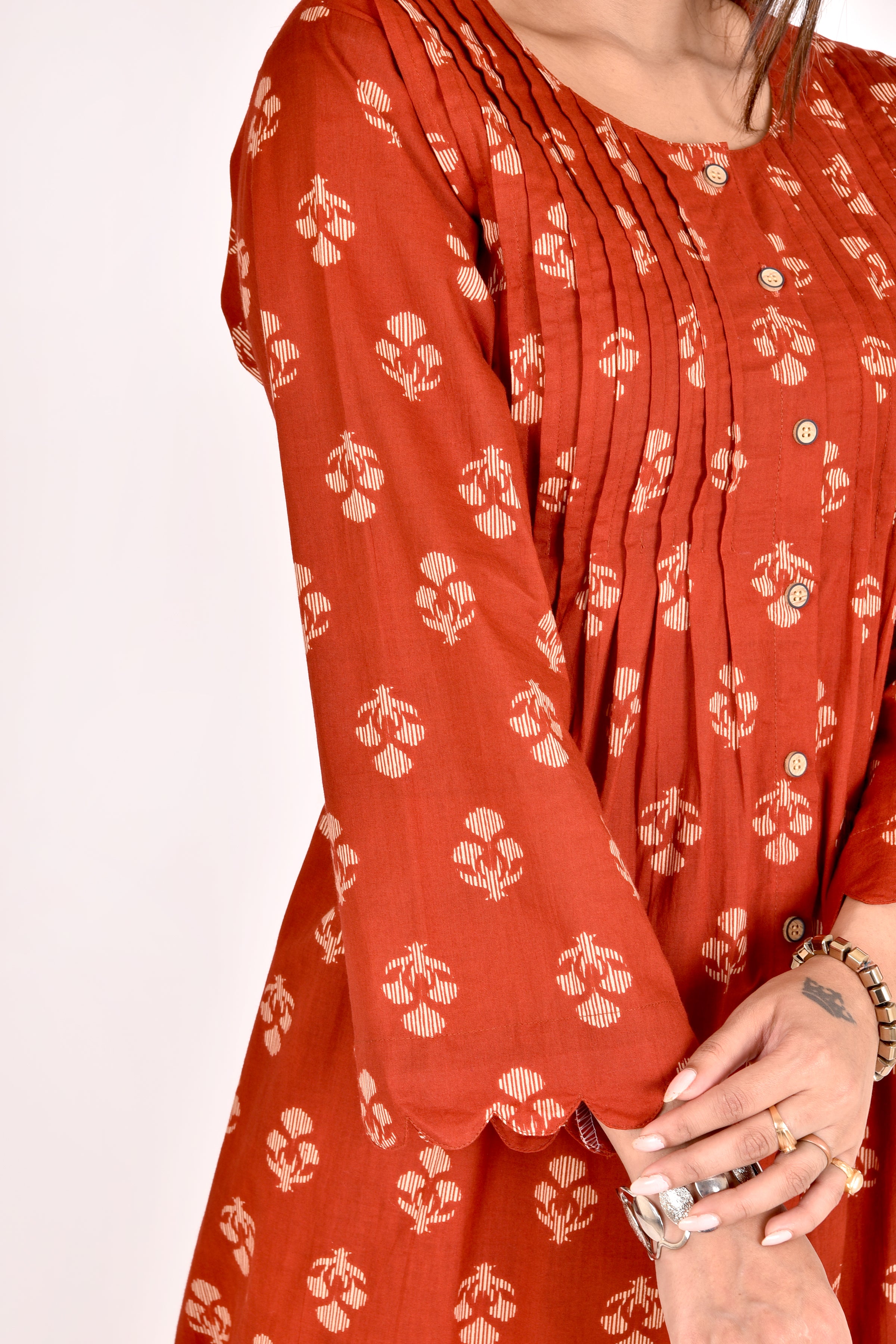 Brick Red Floral Print Pleated Kurta With Pant