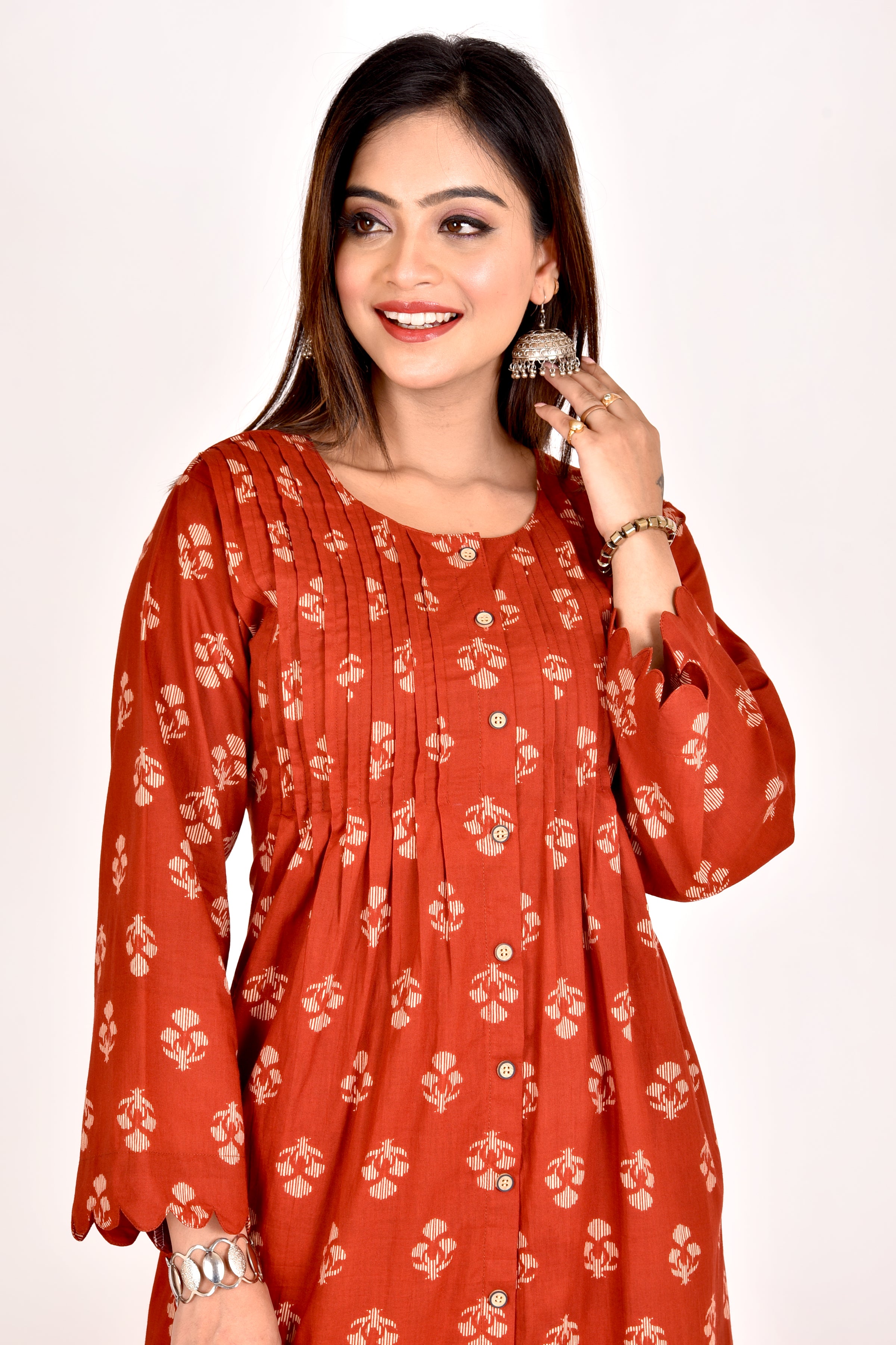 Brick Red Floral Print Pleated Kurta With Pant