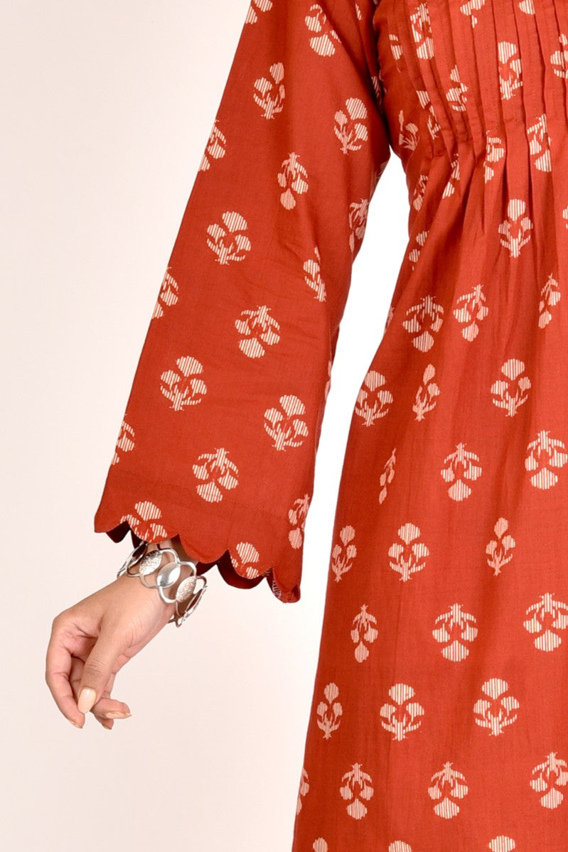 Brick Red Floral Print Pleated Kurta With Pant