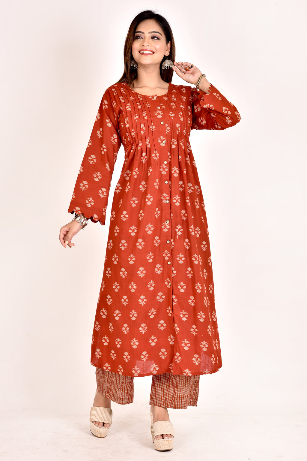 Brick Red Floral Print Pleated Kurta With Pant