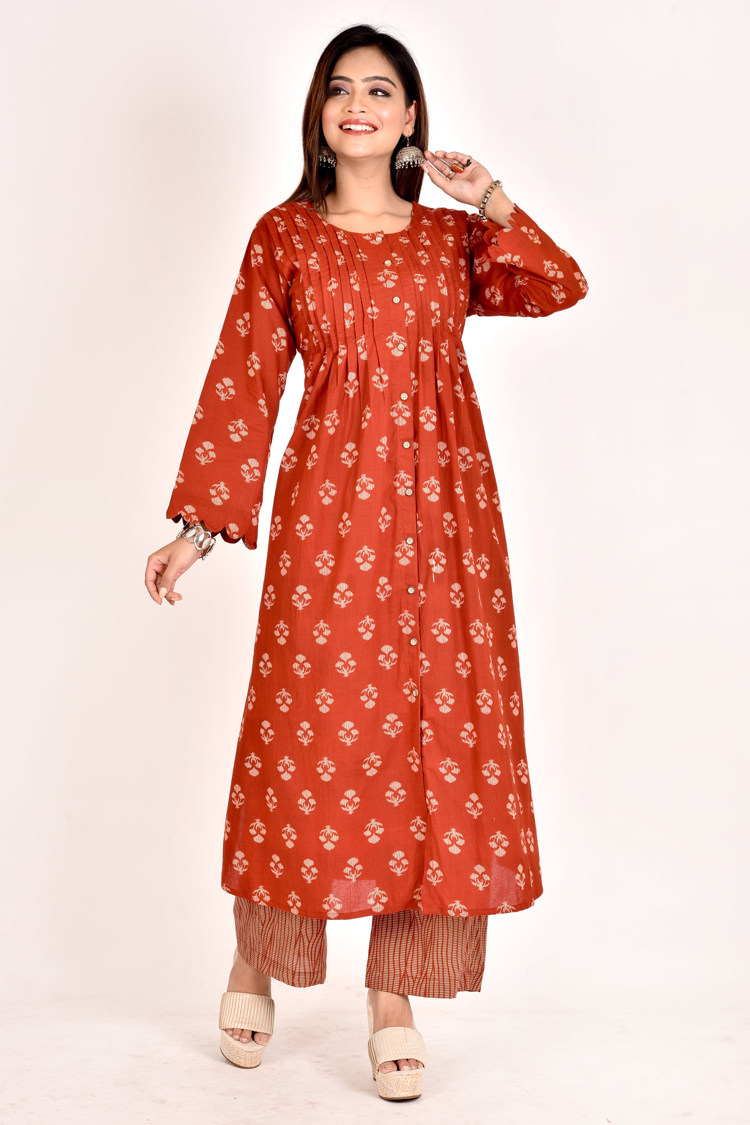 Brick Red Floral Print Pleated Kurta With Pant