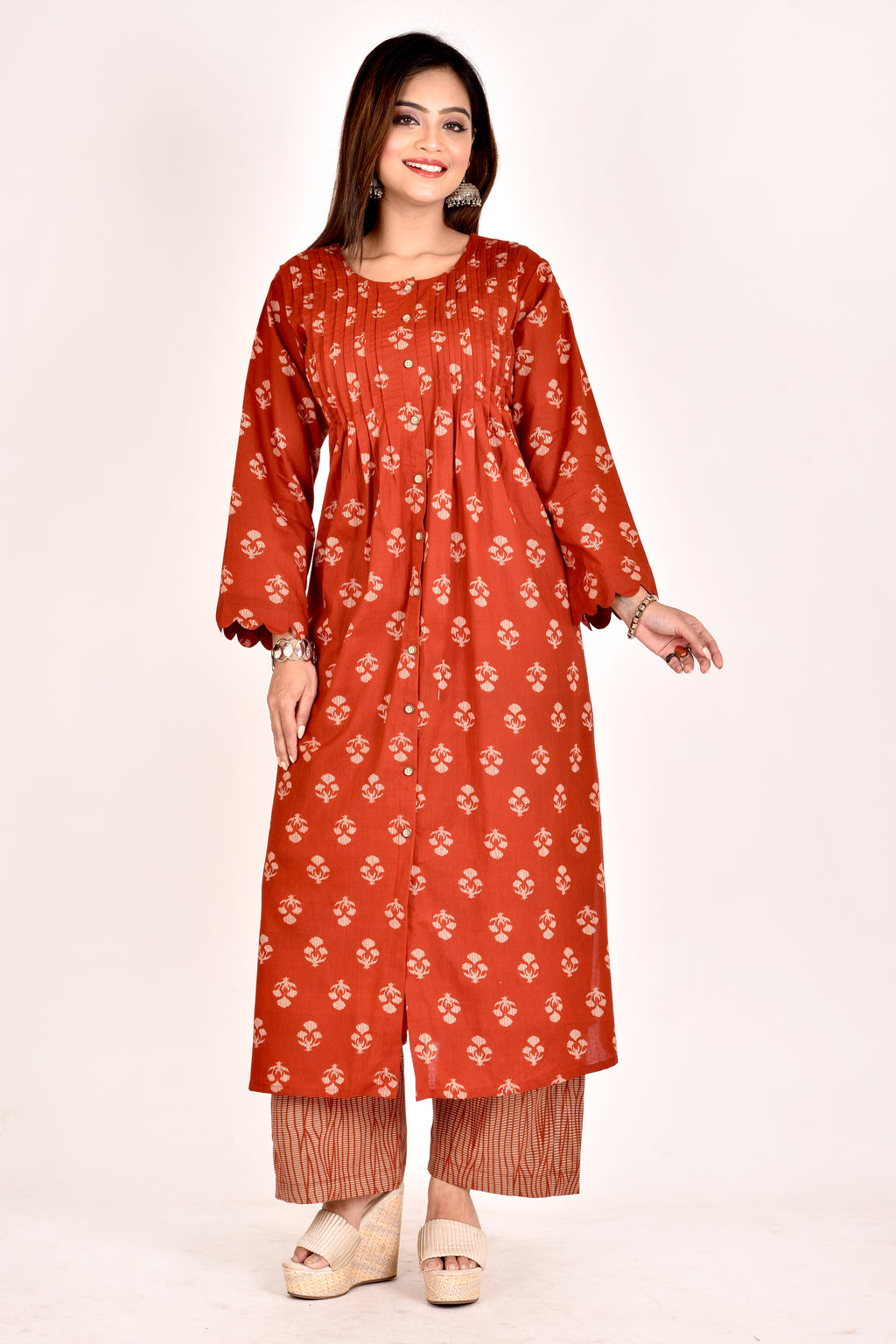 Brick Red Floral Print Pleated Kurta With Pant