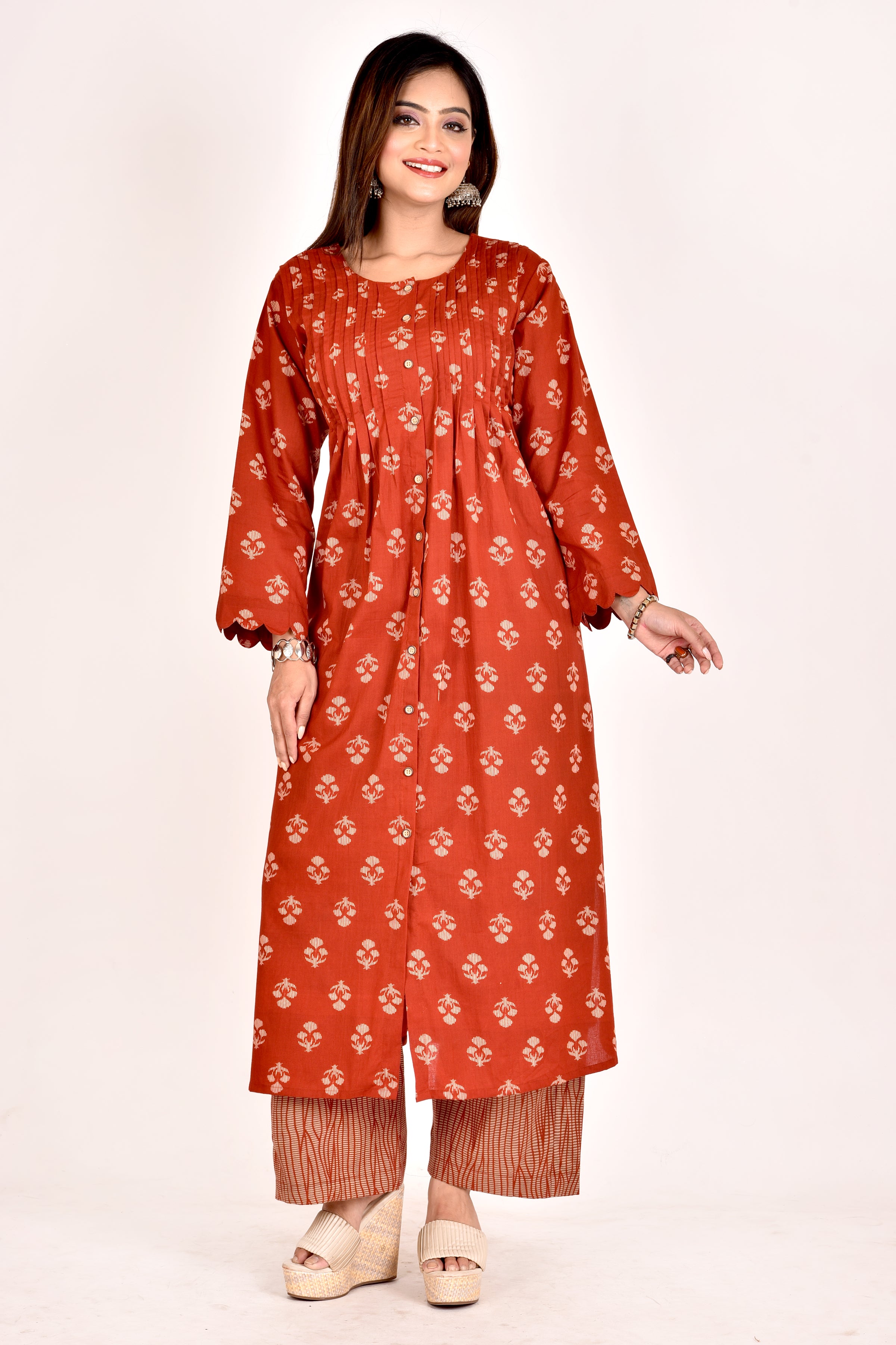 Brick Red Floral Print Pleated Kurta With Pant
