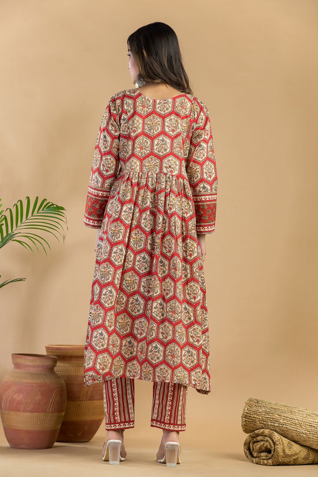 Red Floral Print A-Line Kurta With Pant
