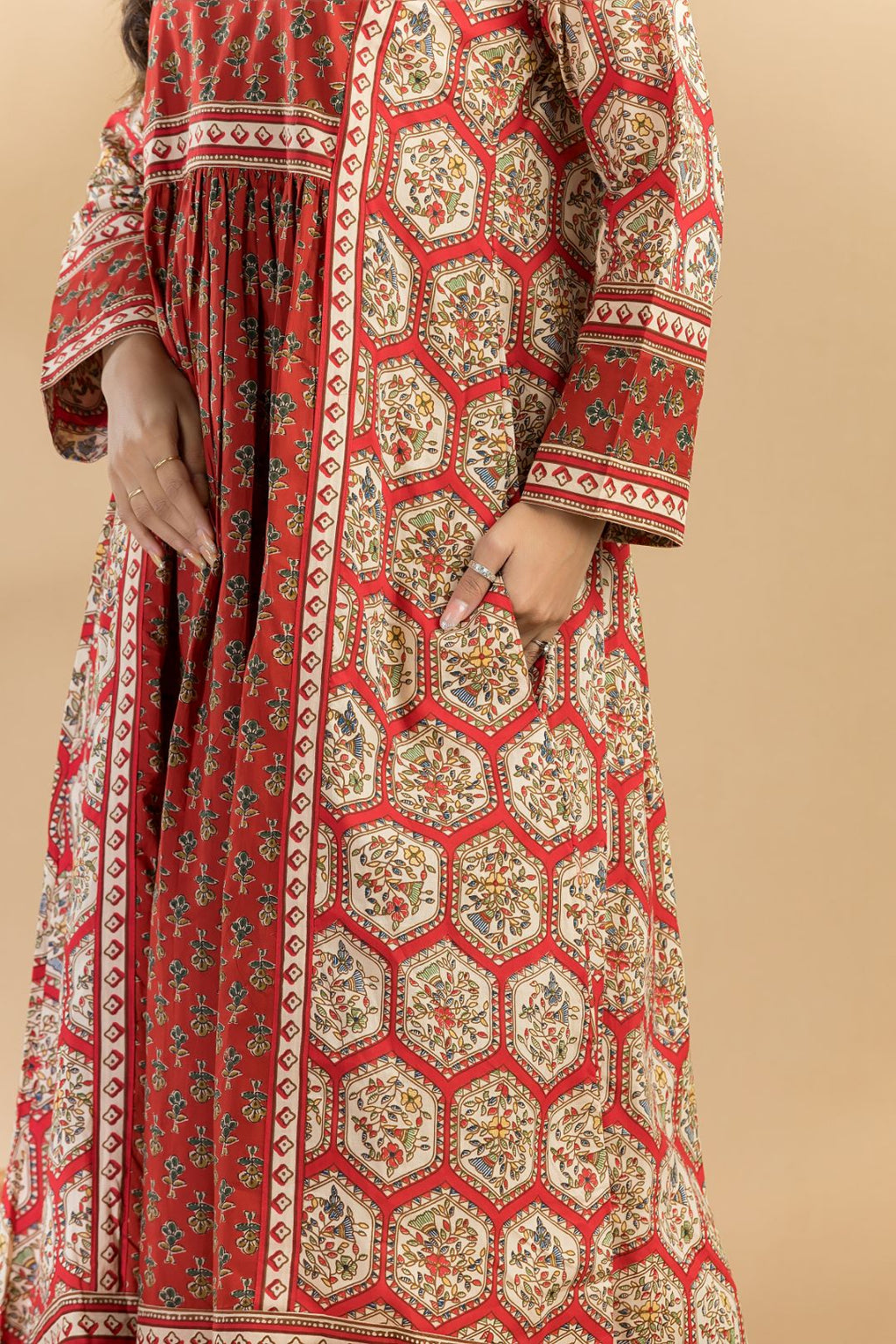 Red Floral Print A-Line Kurta With Pant